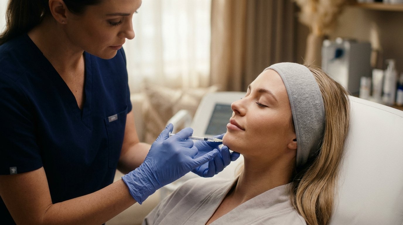 A woman lying in a medical setting with eyes closed, wearing a headband, receiving a cosmetic injection in her chin from a healthcare professional wearing blue scrubs and gloves.
