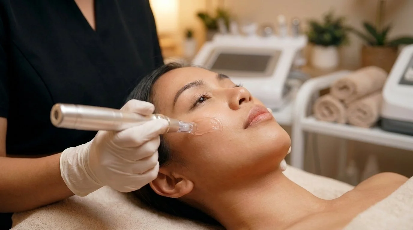 A woman lying on a treatment bed receiving a facial skincare procedure with a handheld device, in a spa or clinic setting.