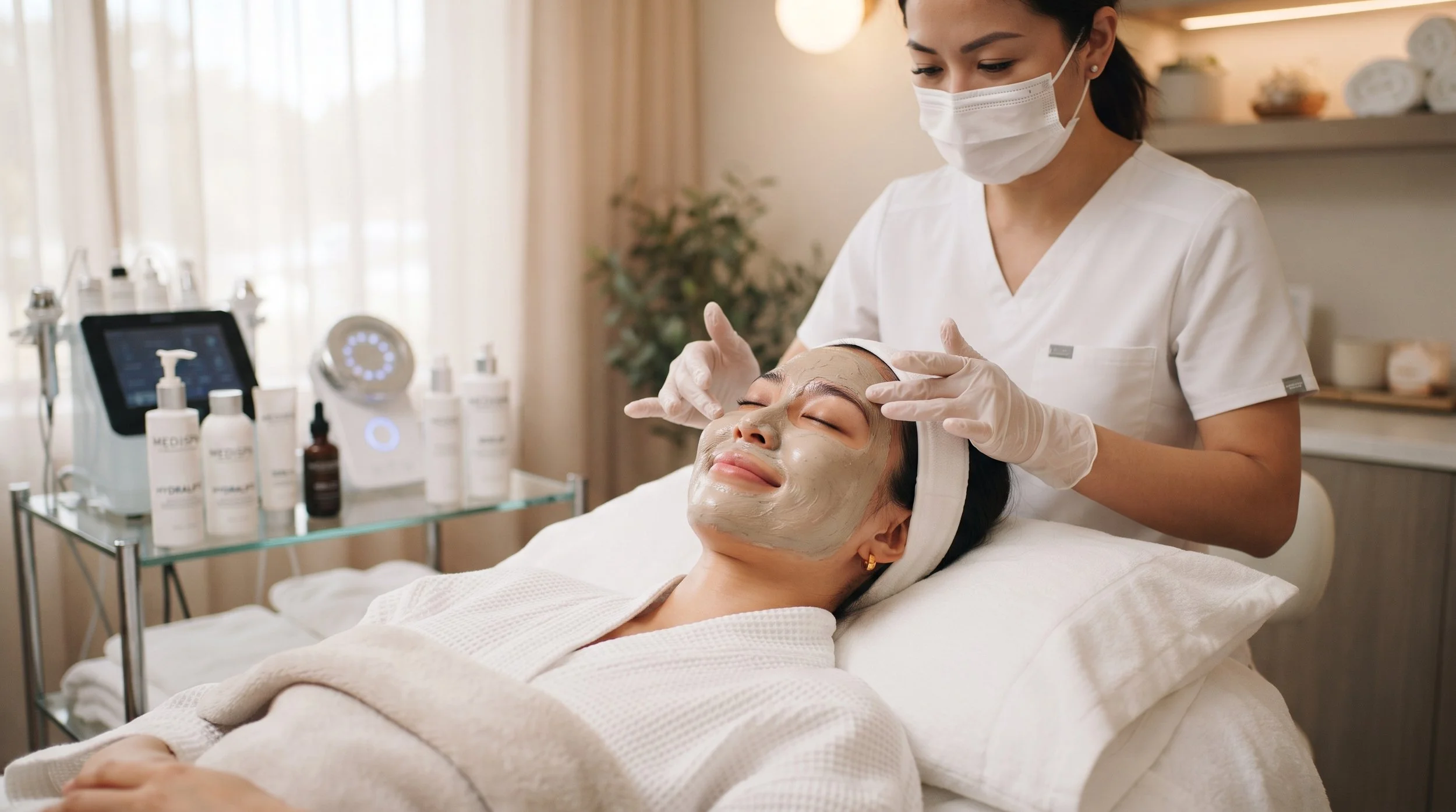 A woman receiving a facial treatment from a skincare professional in a spa or clinic setting.