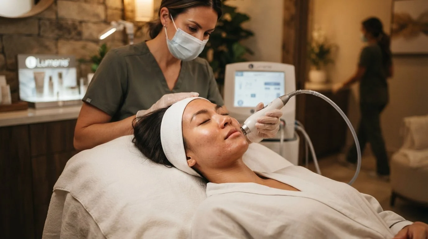 A woman receiving a facial treatment with a handheld device at a spa, while a medical professional wearing scrubs, a face mask, and gloves administers the procedure.