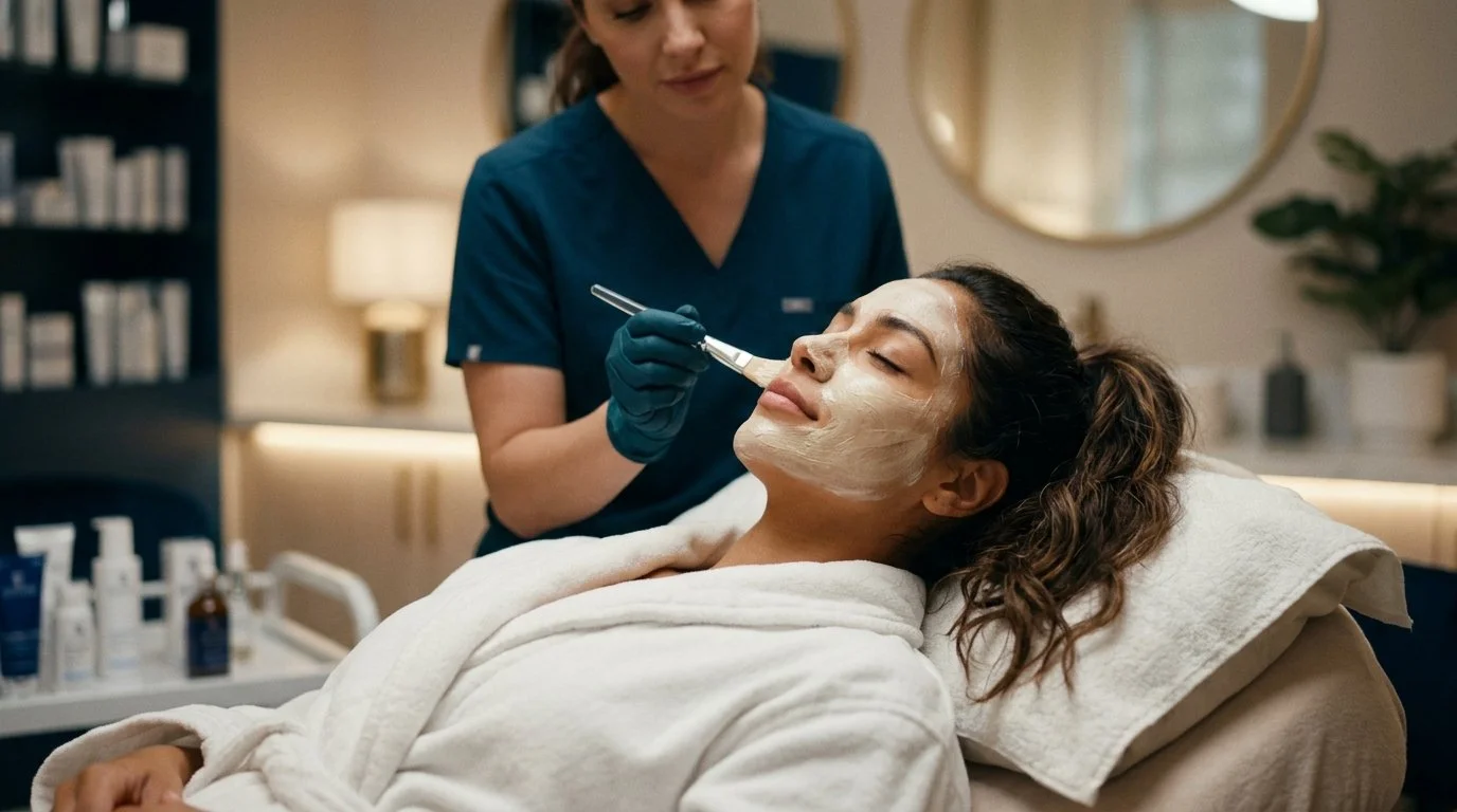 Woman receiving a facial treatment with a brush on her face in a spa or skincare clinic.