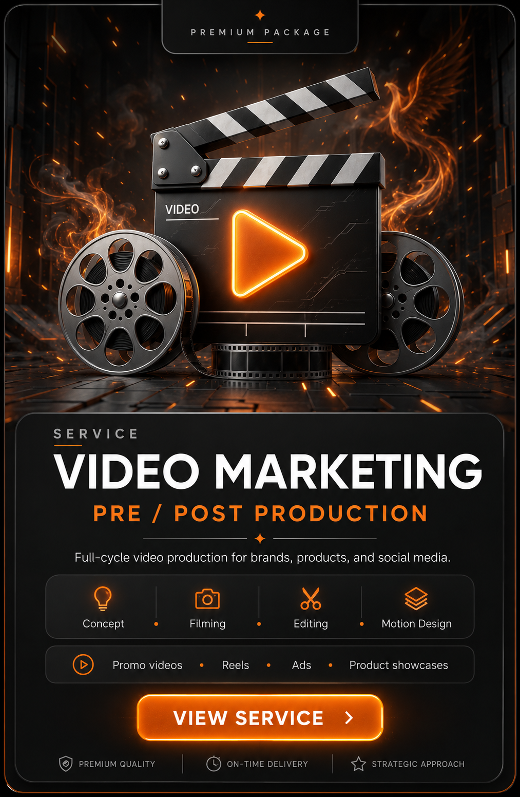 An advertisement for a video marketing service featuring a film slate and reels with glowing orange accents. It highlights pre and post-production services including concept, filming, editing, motion design, promo videos, reels, ads, and product showcases, with a prominent "View Service" button.