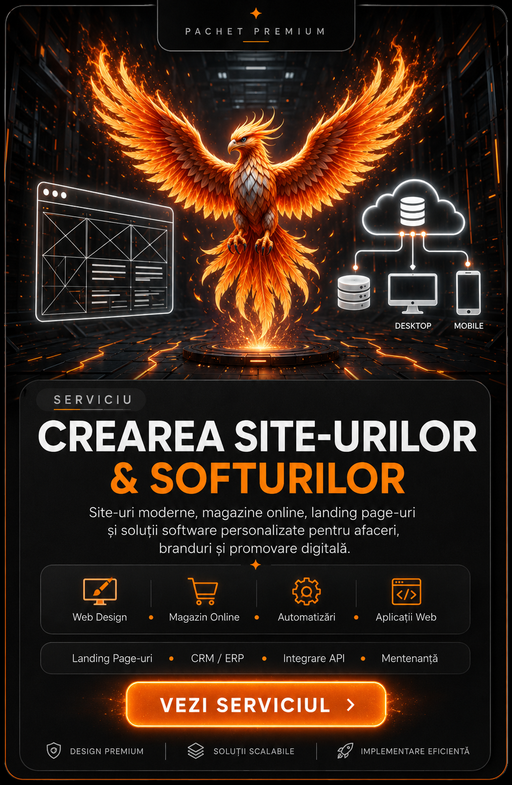 Futuristic digital advertisement featuring a fiery phoenix rising in a high-tech environment with icons representing cloud storage, desktop, and mobile devices. Text promotes services for creating websites and software, including web design, online stores, automation, web applications, landing pages, CRM/ERP, API integration, and maintenance. Bright orange and black color scheme with a glowing "VIZI SERVICIUL" button.