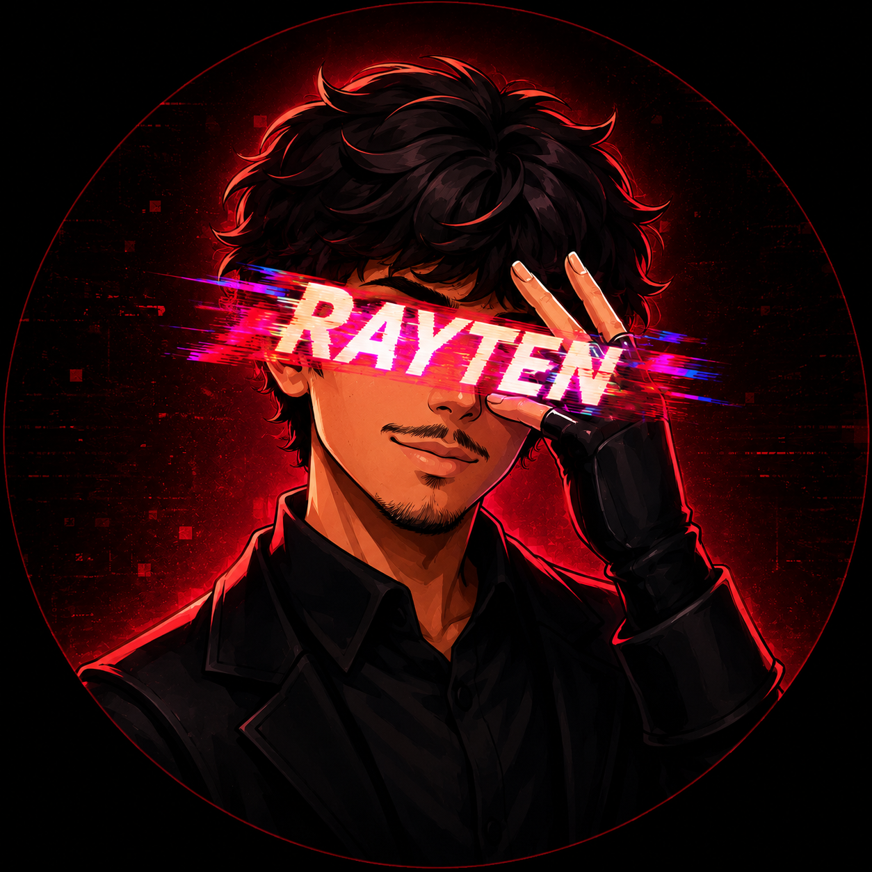 Digital illustration of a man with dark, wavy hair making a peace sign near his eye. The word "PRAYTEN" is displayed across his eyes in a glitchy, neon pink and purple style. The background is dark with red digital effects.