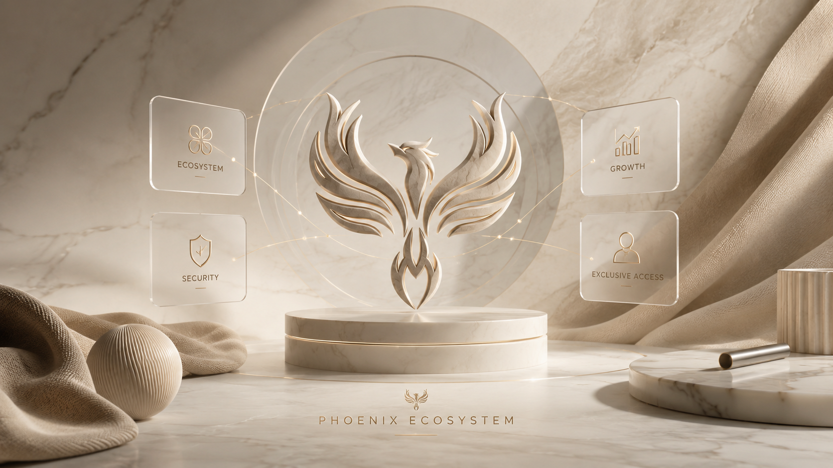 A marble statue of a phoenix with spread wings, illuminated and set on a round pedestal, with digital icons and labels around it representing ecosystem, security, growth, and exclusive access, on a marble and soft fabric background.