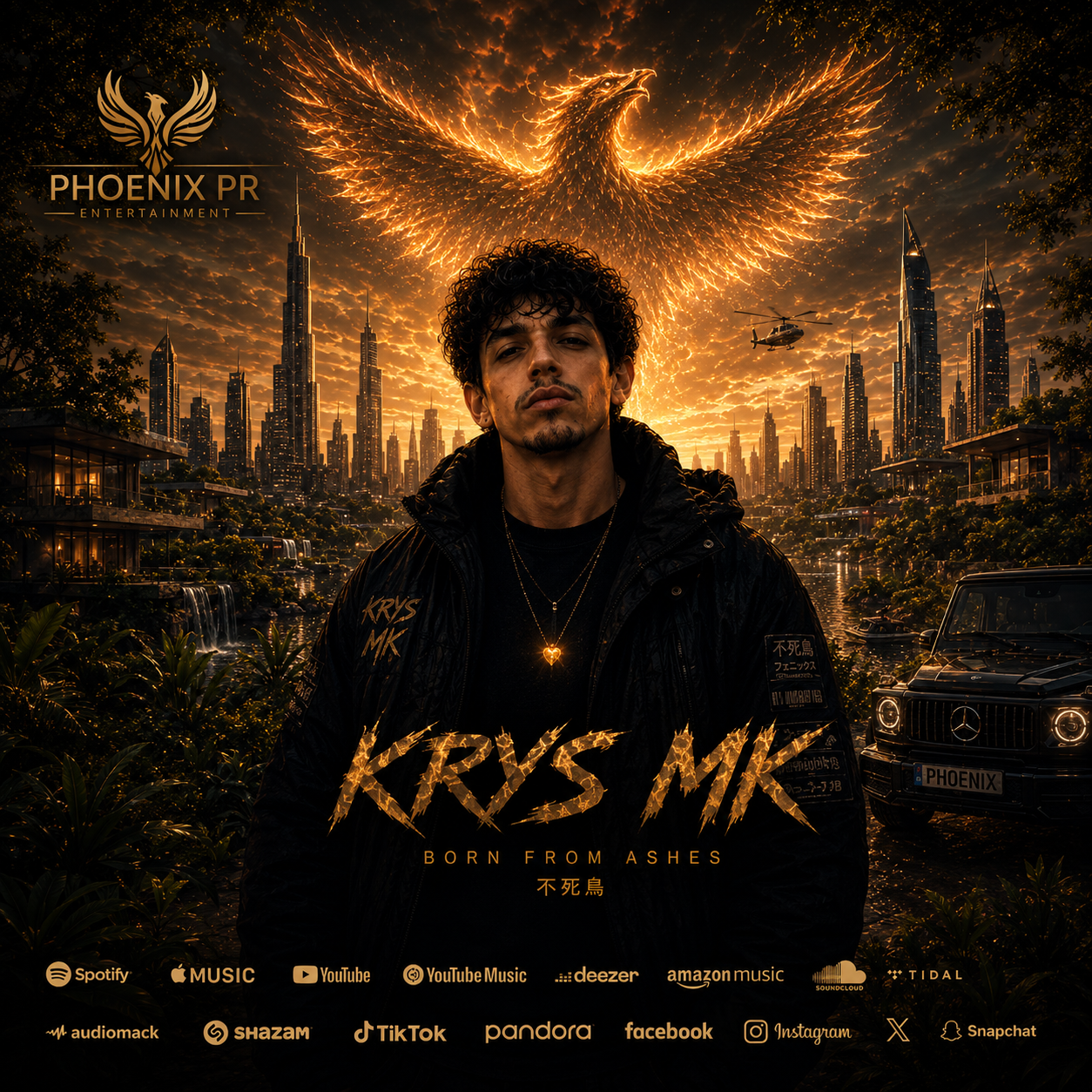 Promotional poster for artist Kry's MK's album 'Born from Ashes' featuring a young man with curly hair and a chain necklace with a heart pendant, standing in front of a city skyline with dramatic sunset lighting. A glowing phoenix is rising in the sky above and the poster includes logos for music streaming platforms at the bottom.