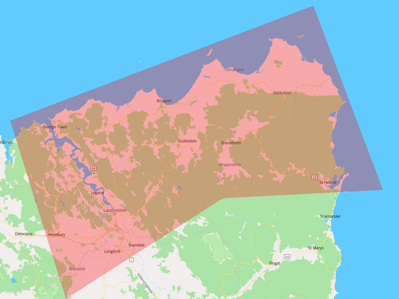 Map of northeastern Australia showing regions with various cities labeled, including Georgetown, Scottsdale, and St Helens, with some regions shaded in pink and border outlined in purple.