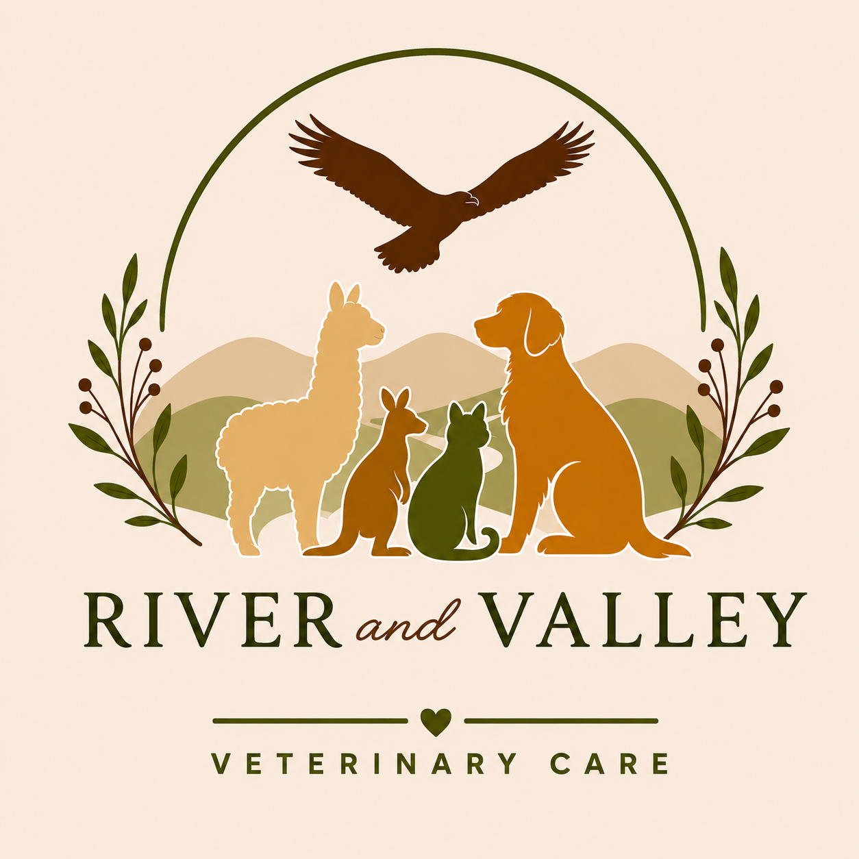 Logo for River and Valley Veterinary Care featuring a silhouette of a bird flying above illustrations of a llama, dog, cat, and rabbit, with mountain scenery and leafy branches.