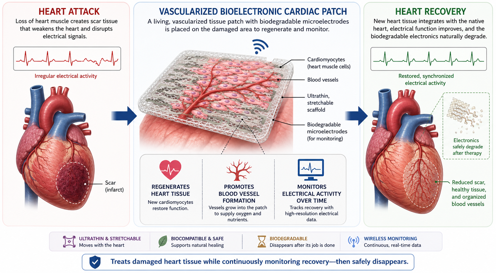 Diagram explaining the use of a vascularized bioelectronic cardiac patch for heart recovery after a heart attack. The diagram shows a damaged heart with a scar, the application of the patch with microelectrodes and blood vessels, and the healed heart with organized blood vessels and reduced scar tissue. The image includes sections describing heart attack, the bioelectronic patch, and heart recovery, with icons indicating the patch's functions such as regenerating heart tissue, promoting blood vessel formation, and monitoring electrical activity.