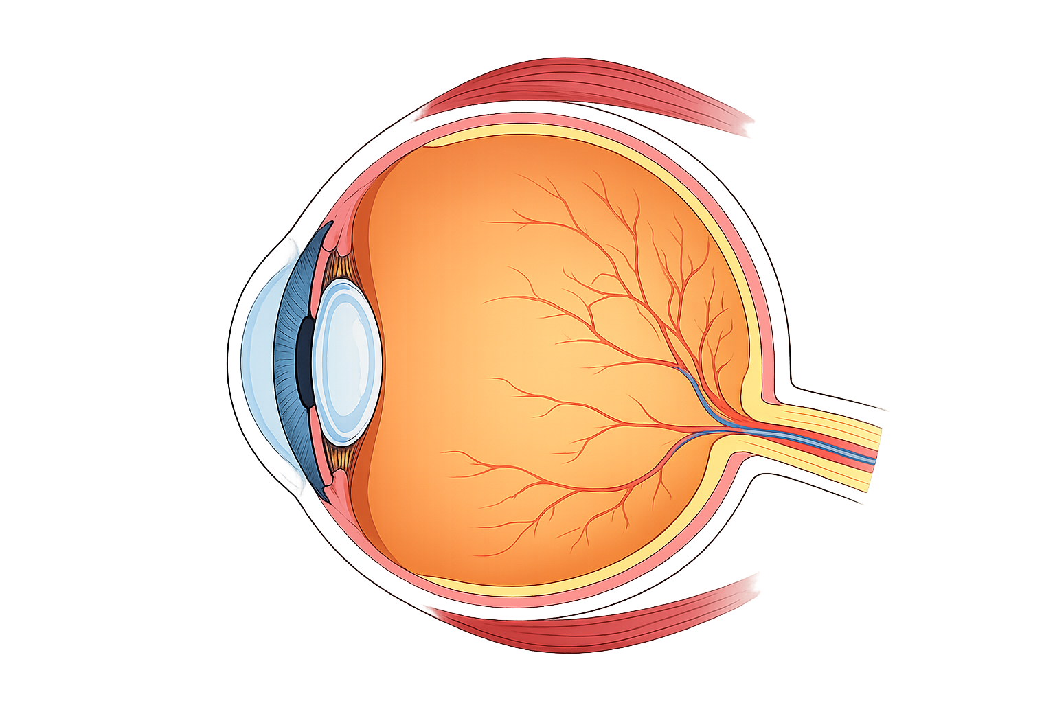 Cross-sectional illustration of the human eye showing the lens, retina, optic nerve, and blood vessels.