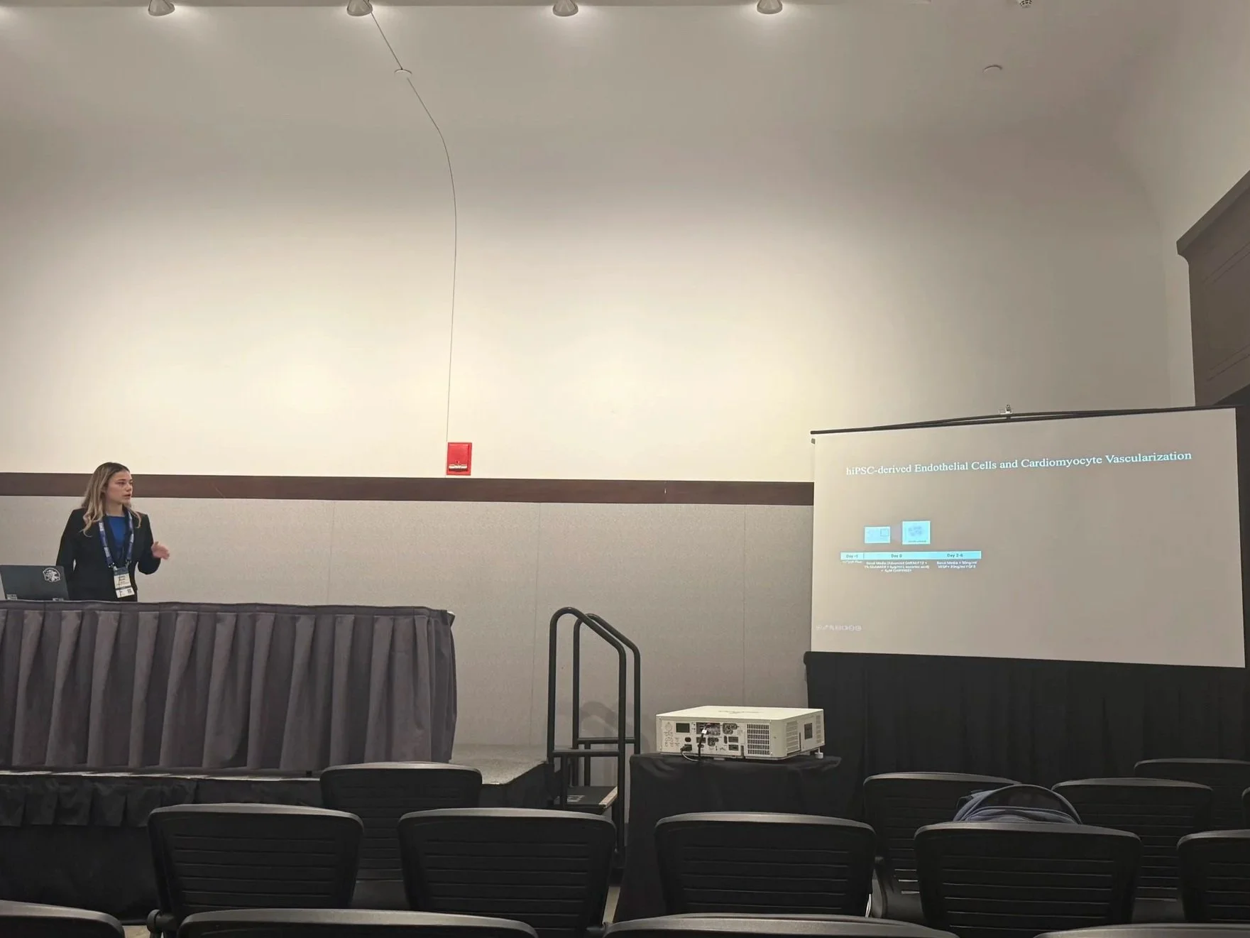A woman giving a presentation at a conference or seminar. She is standing on a stage with a table, a laptop, and a projector. A large screen beside her displays a slide titled 'hiPSC-derived Endothelial Cells and Cardiomyocyte Vascularization.' The conference room has empty chairs facing the stage, and the room has beige walls with a brown trim, a fire alarm, and lighting on the ceiling.