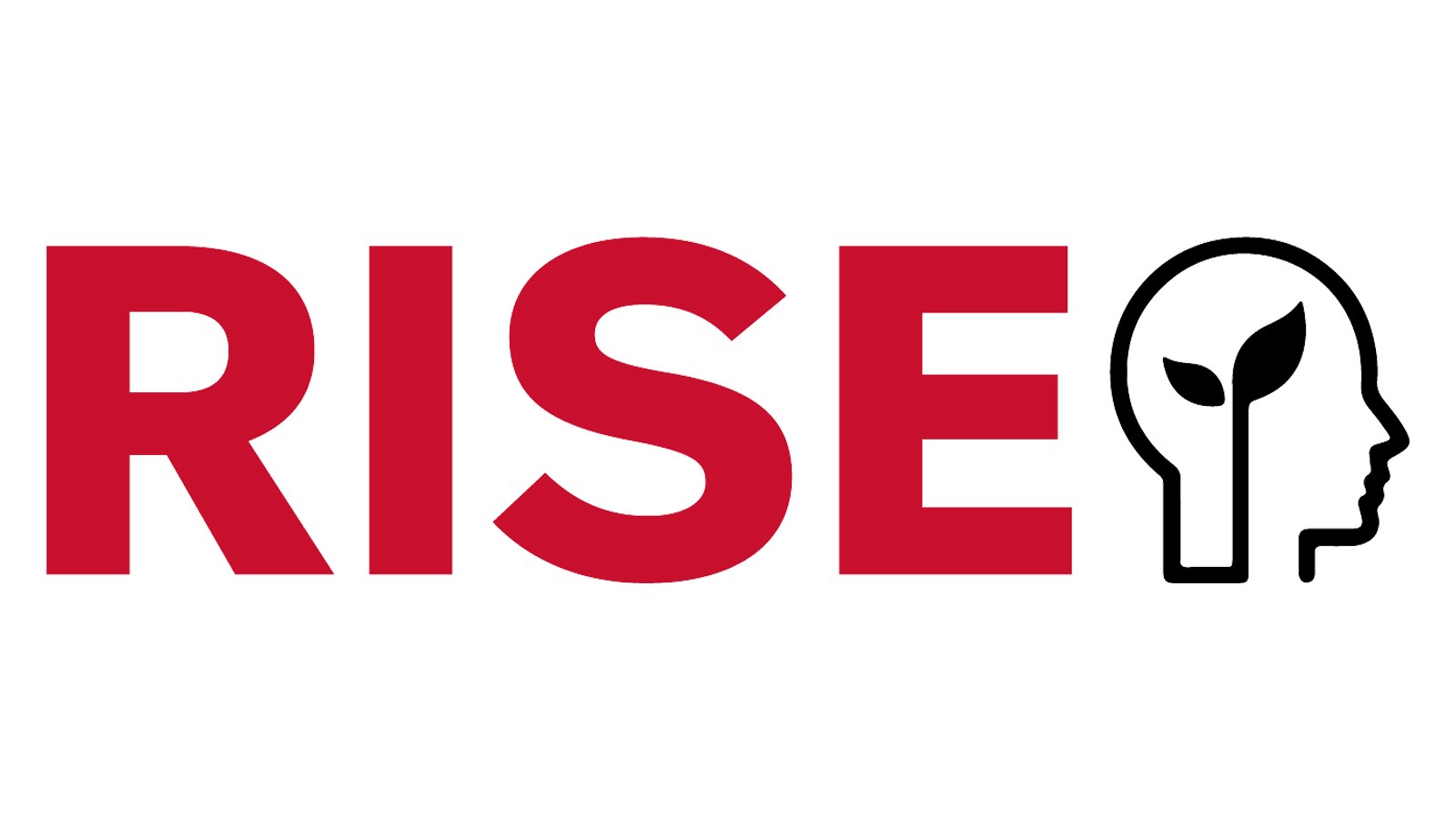 Red text says 'RISE' with a black outline of a human head profile with a leaf inside it, symbolizing growth and mental well-being.
