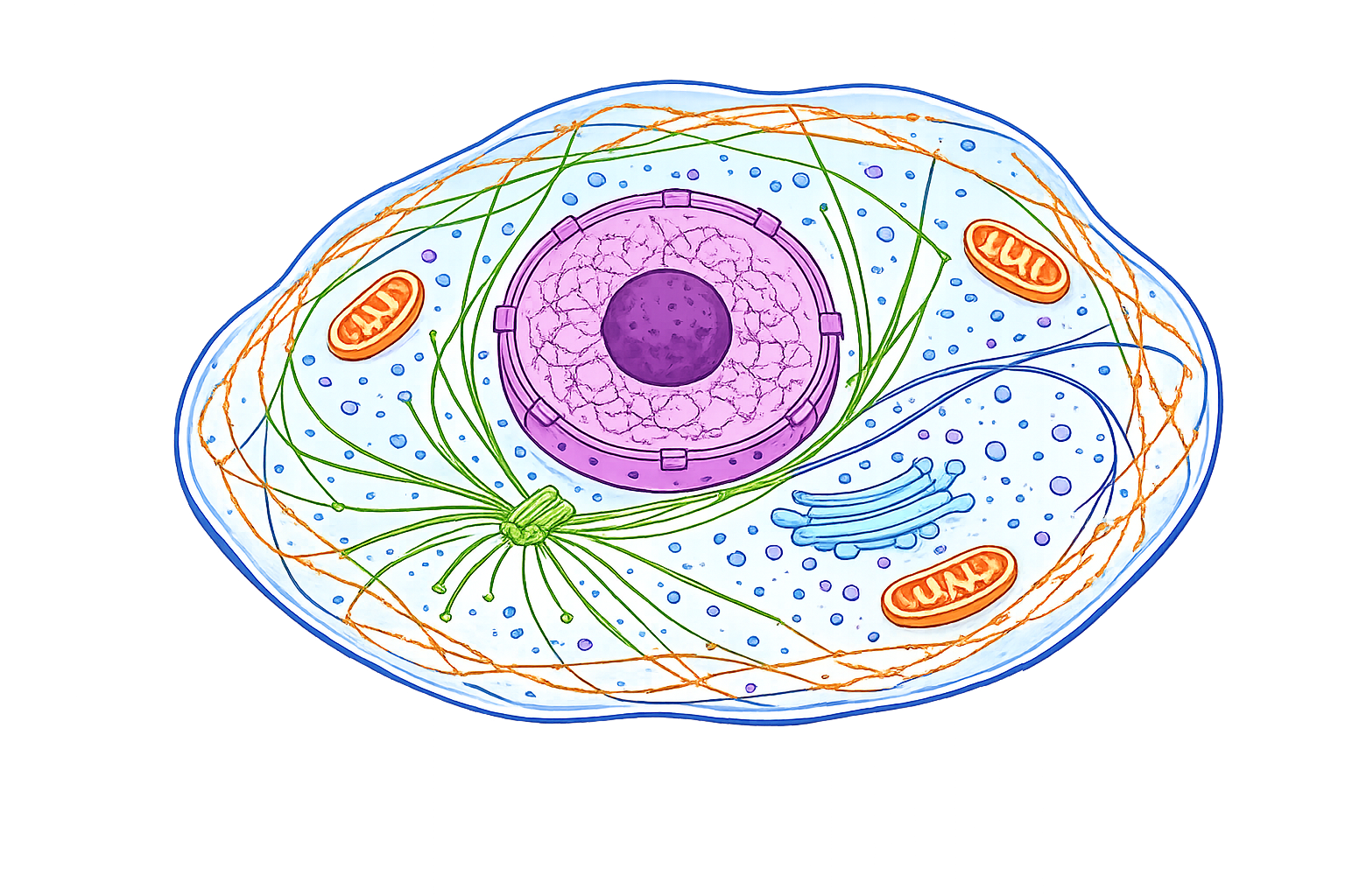A detailed illustration of an animal cell highlighting its organelles, including the nucleus, mitochondria, endoplasmic reticulum, and other cellular structures.