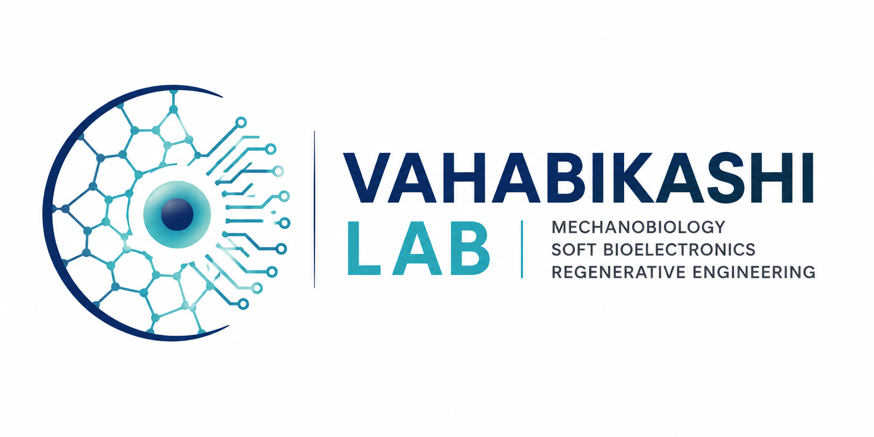 Lab logo with a stylized eye and molecular structure, text reads 'VAHABIKASHI LAB' and lists focus areas: 'MECHANOBIOLOGY,' 'SOFT BIOELECTRONICS,' and 'REGENERATIVE ENGINEERING'.