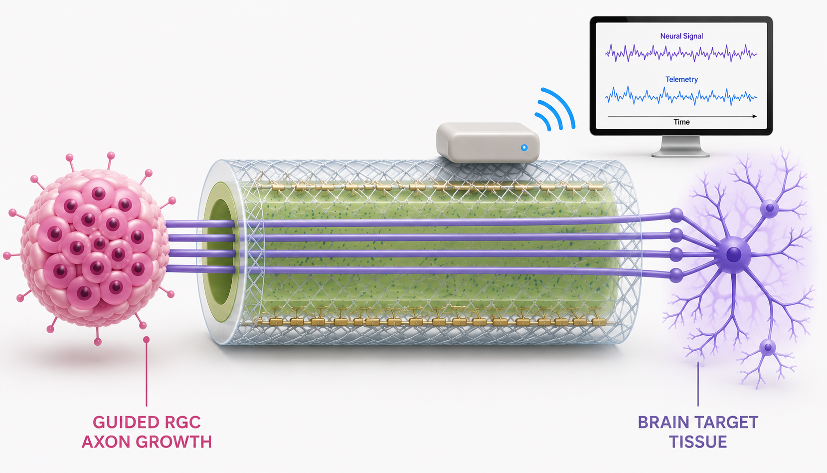 Diagram of neural stimulation technology showing a pink guided RGC axon growth component on the left, connected by purple wires to a cylindrical device inside a mesh enclosure. The device interfaces with a purple neuron representing a brain tissue target on the right, with a monitor displaying neural signal and telemetry data above.