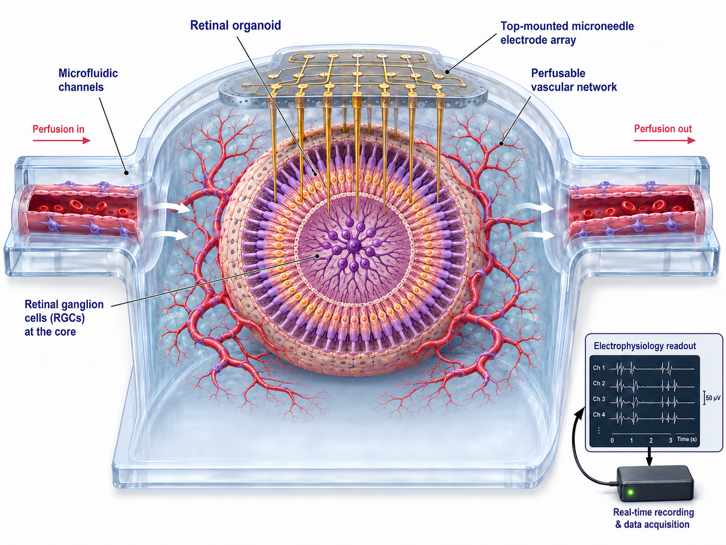 Diagram of an experimental setup for retinal recording, showing blood flow channels, a retinal organoid, a top-mounted microneedle electrode array, a perfusable vascular network, and an oscilloscope displaying electrophysiology readouts, with labels and annotations.