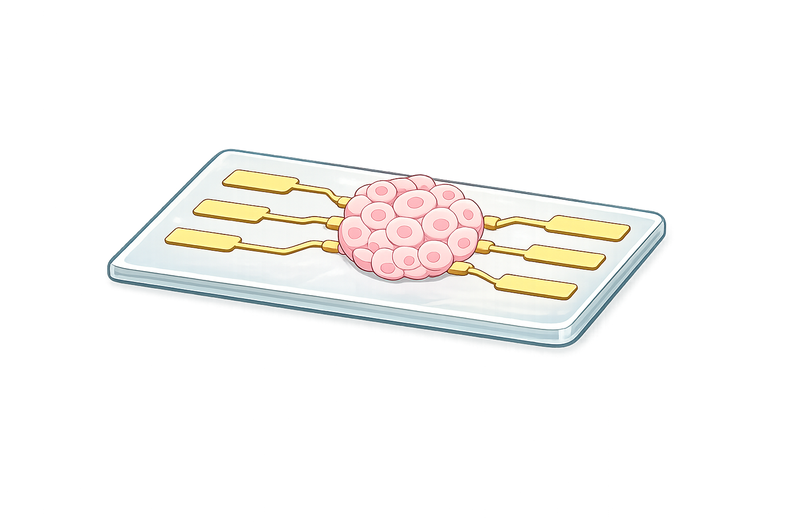 A set of six yellow pipettes arranged around a pink cluster of cells on a white tray.