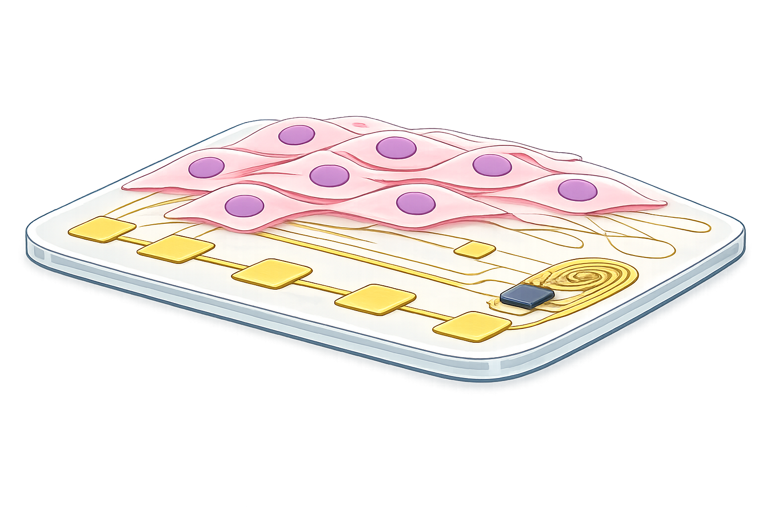 Illustration of a neural network with interconnected pink neurons and yellow rectangular nodes on a white platform.