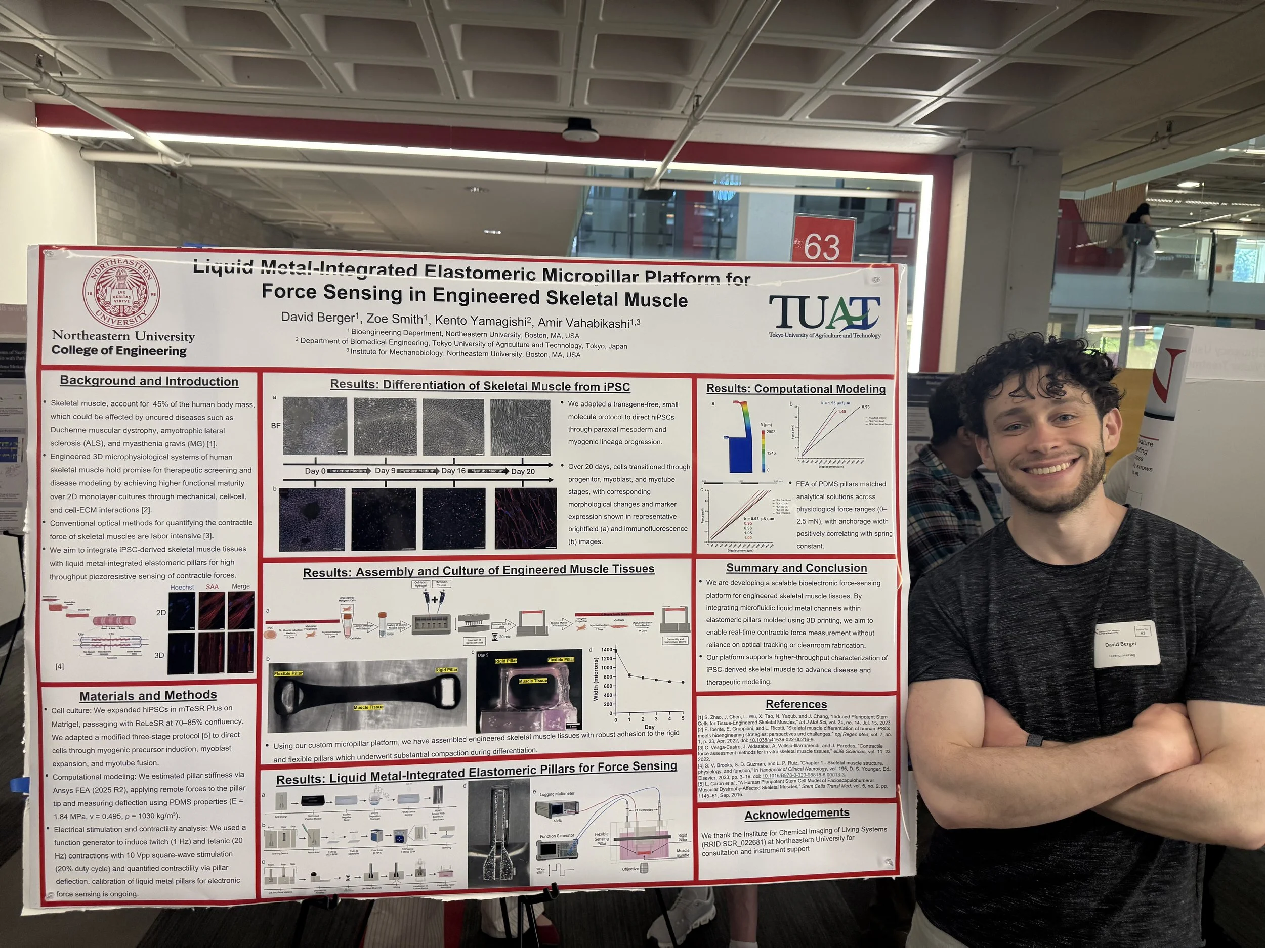 Academic research poster presentation at a conference, with a smiling man partially visible on the right, standing in front of the poster, titled 'Liquid Metal-Integrated Elastomeric Micropillar Platform for Force Sensing in Engineered Skeletal Muscle' by researchers from Northeastern University and Tokyo University of Agriculture and Technology.