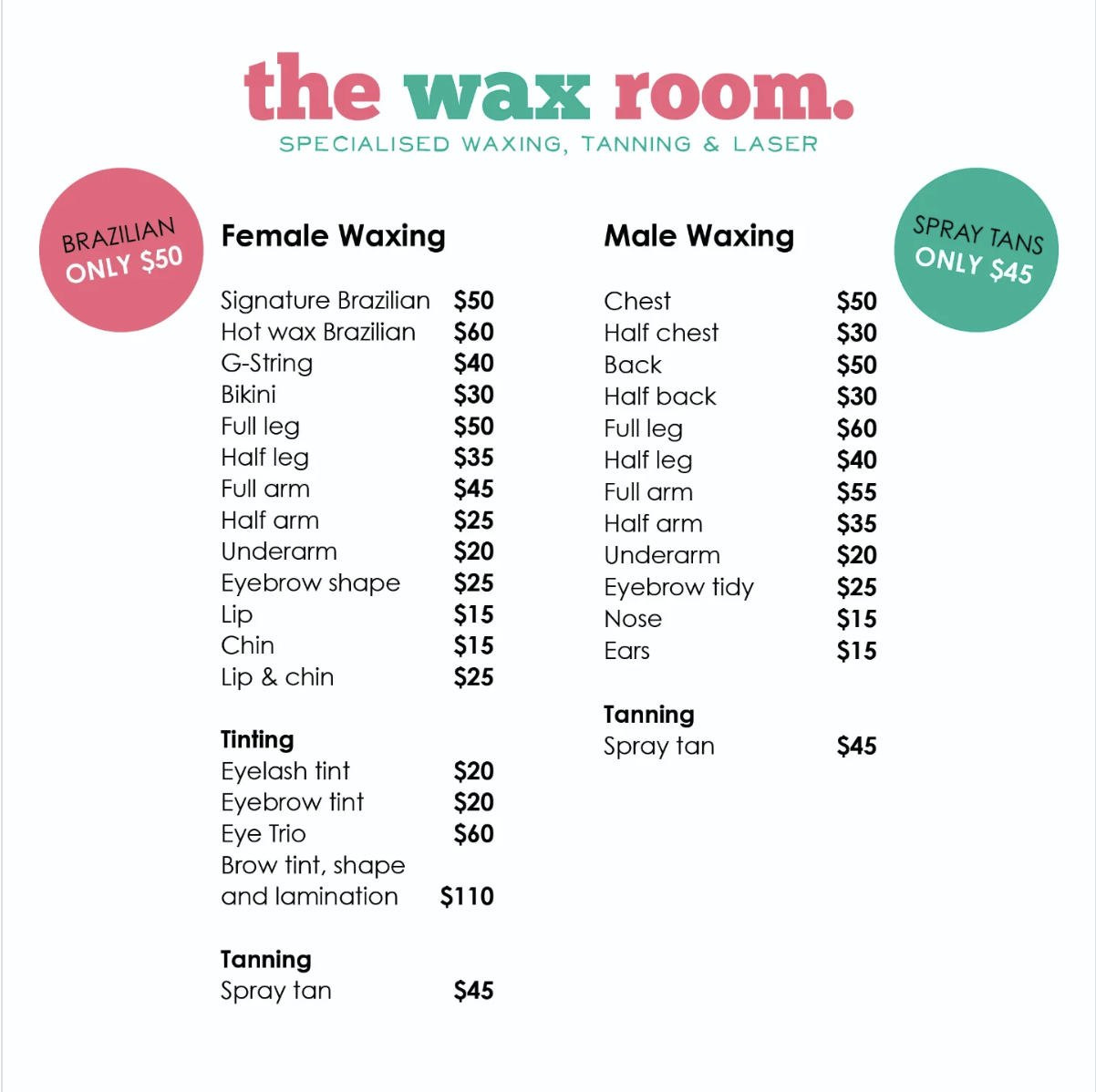 The Wax Room Pricelist
