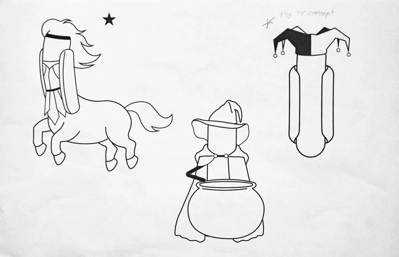 Line drawing of a unicorn with a flowing mane, a wizard wearing a hat and cloak stirring a large cauldron, and a jester's hat with bells hanging from its points.