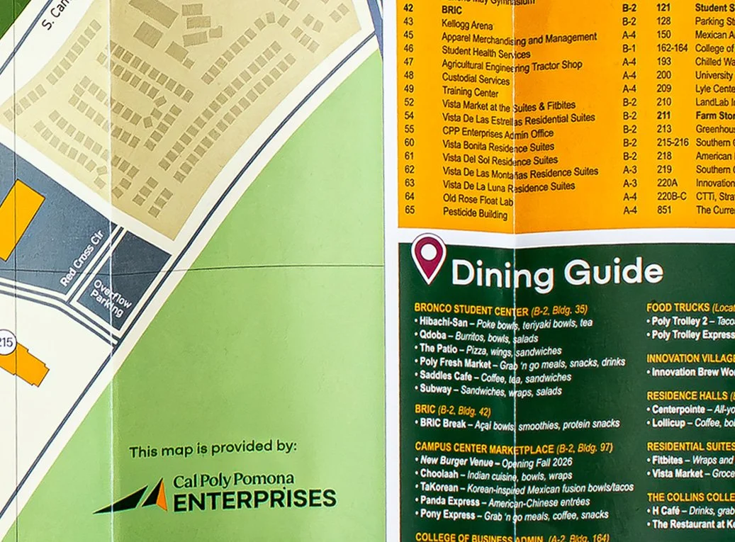 Map of Cal Poly Pomona campus showing various buildings and dining options, including a legend with locations and descriptions.