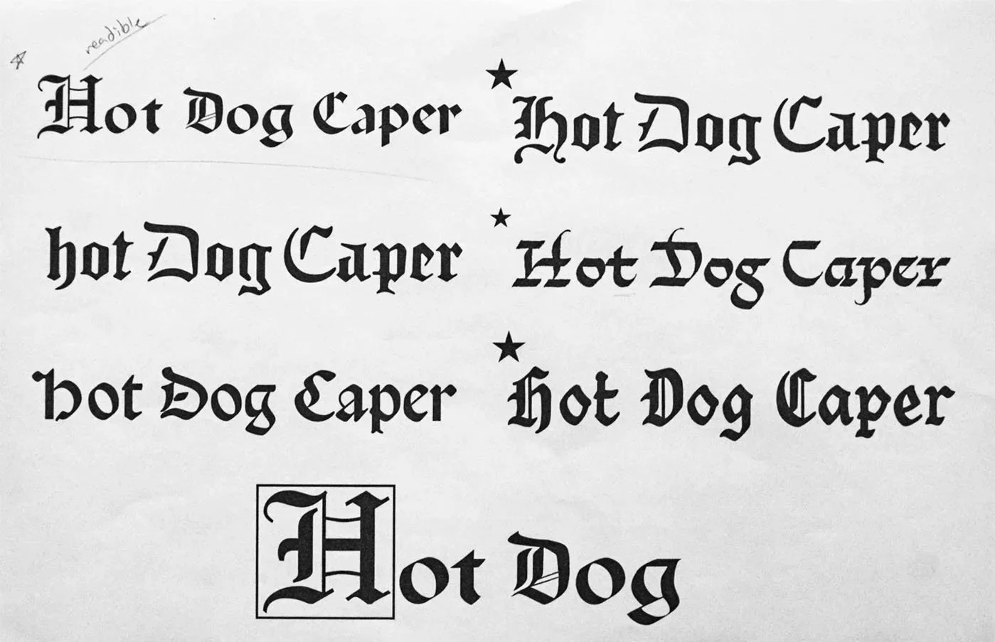 Sample text showing different fonts of the phrase "Hot Dog Caper" repeated several times, with one version at the bottom within a decorative border.
