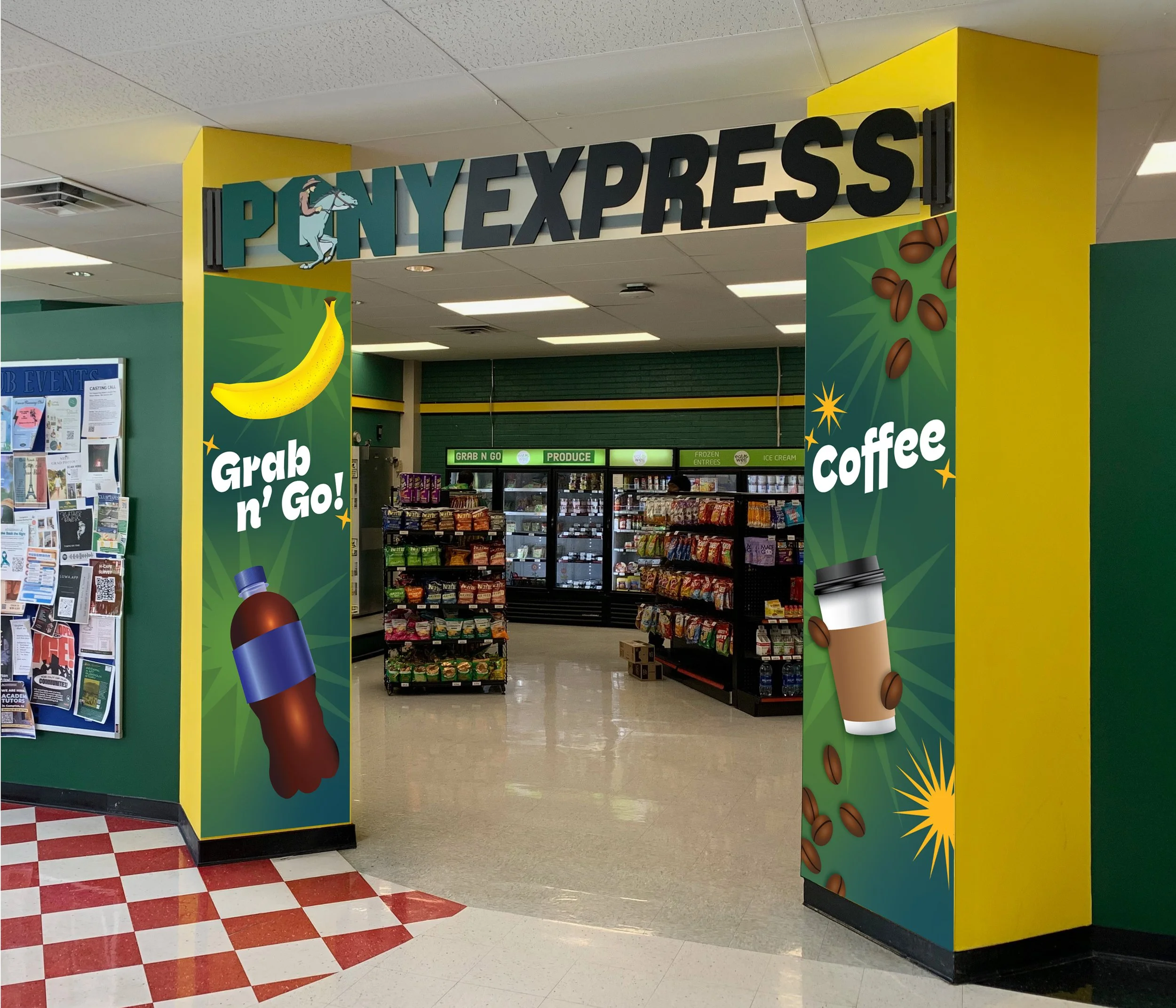 Store entrance with a sign reading 'Pony Express' and colorful graphic decorations including a banana, coffee cups, and guns, leading into a convenience store with shelves of snacks and beverages.