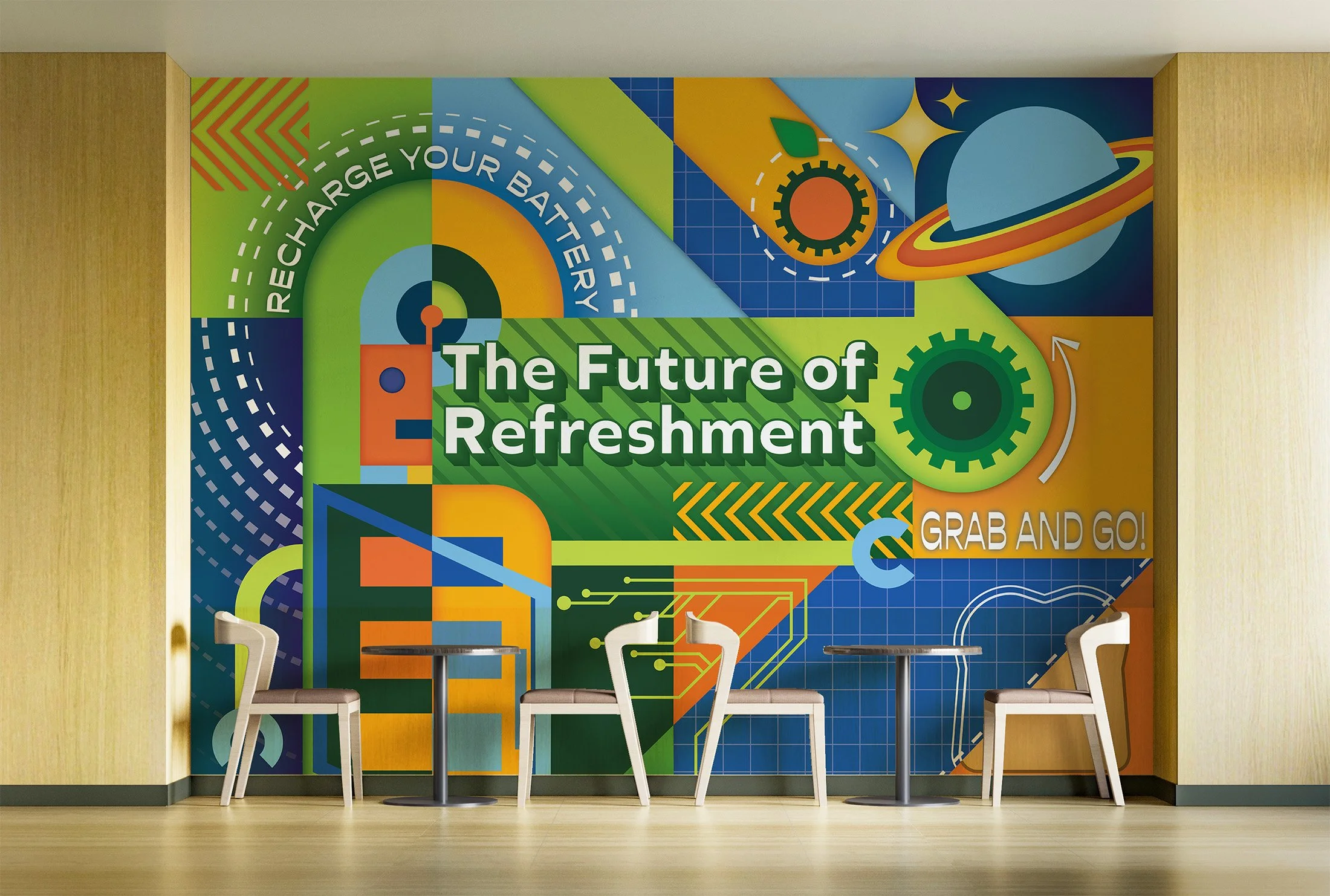 Colorful mural promoting future of renewable energy with solar, gears, and space themes, featuring the text "The Future of Refreshment" and a seating area in front.