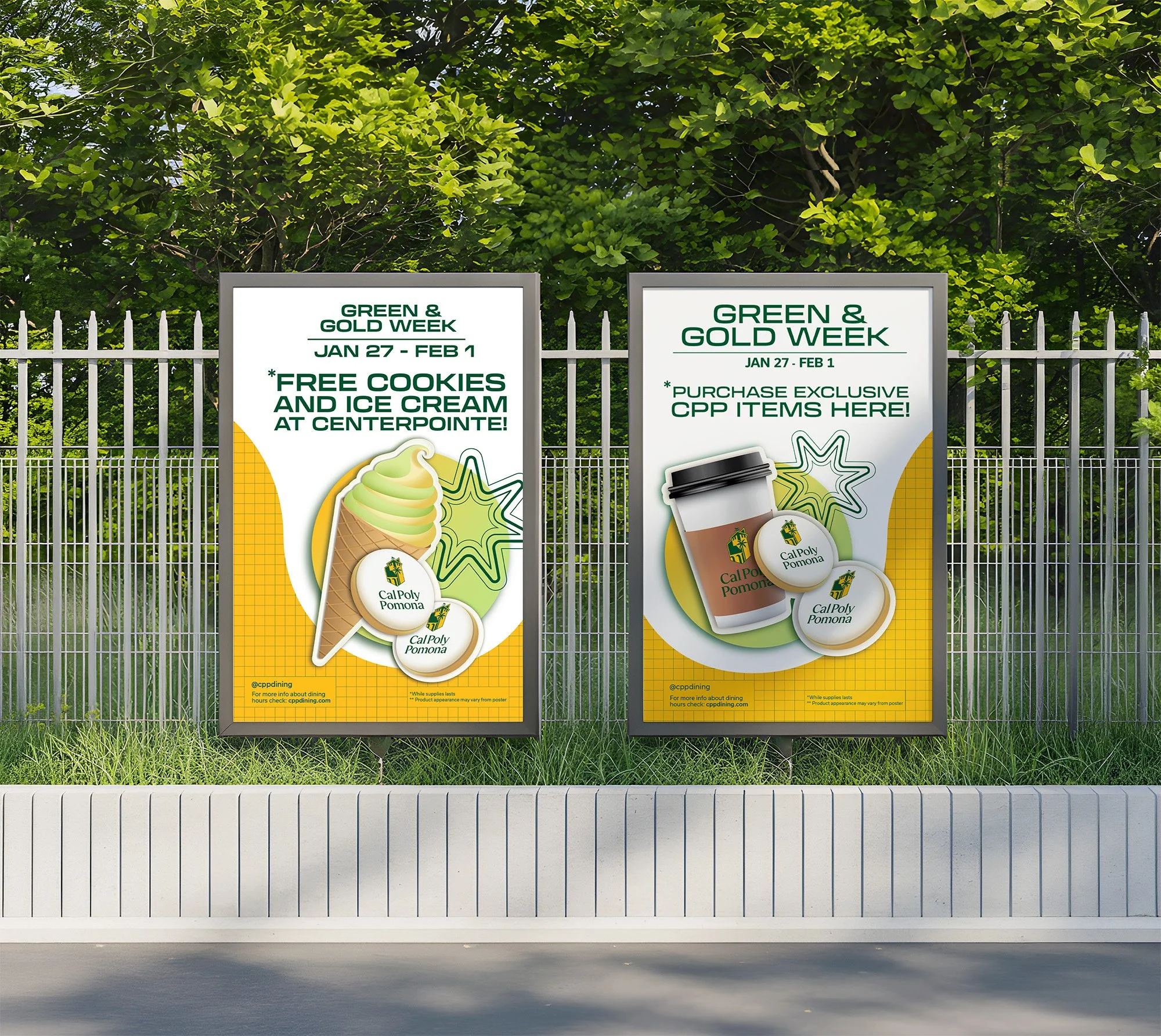 Two signs on a fence promoting Green & Gold Week from January 27 to February 1, with pictures of ice cream and coffee cups, and the Cal Poly Pomona logo.