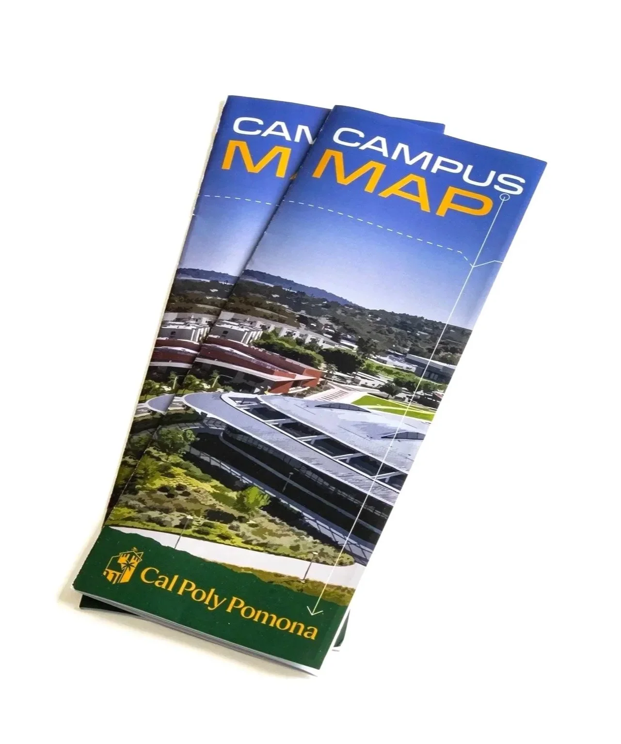 Campus map brochure for Cal Poly Pomona featuring an aerial view of campus buildings and surrounding landscape.