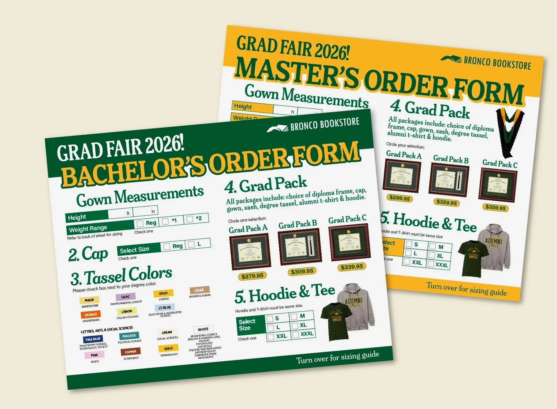 Two grade fair 2026 student gown order forms for graduation, one for bachelor’s degree and one for master’s degree, featuring options for size, tassel colors, and grad packs, with apparel like hoodies and T-shirts.