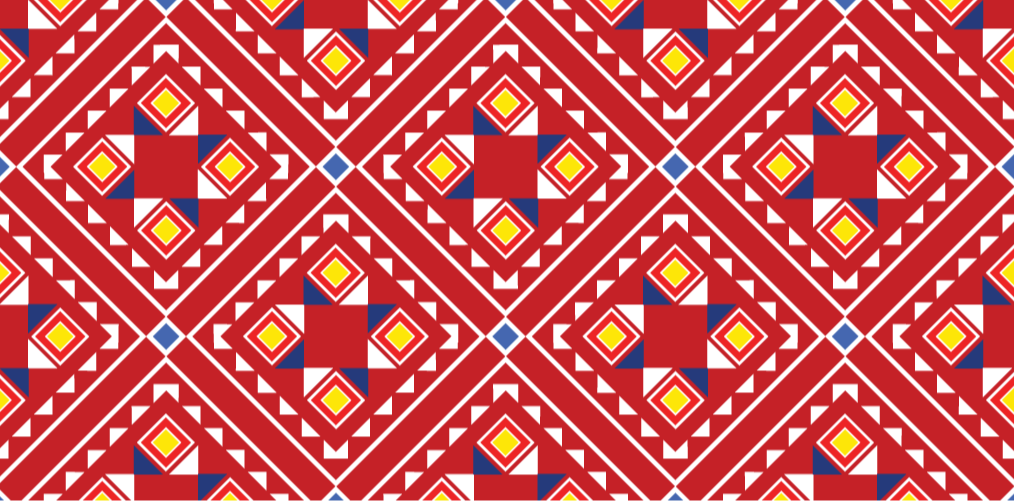 A geometric pattern with red, white, yellow, blue, and black colors forming diamond shapes and lines.