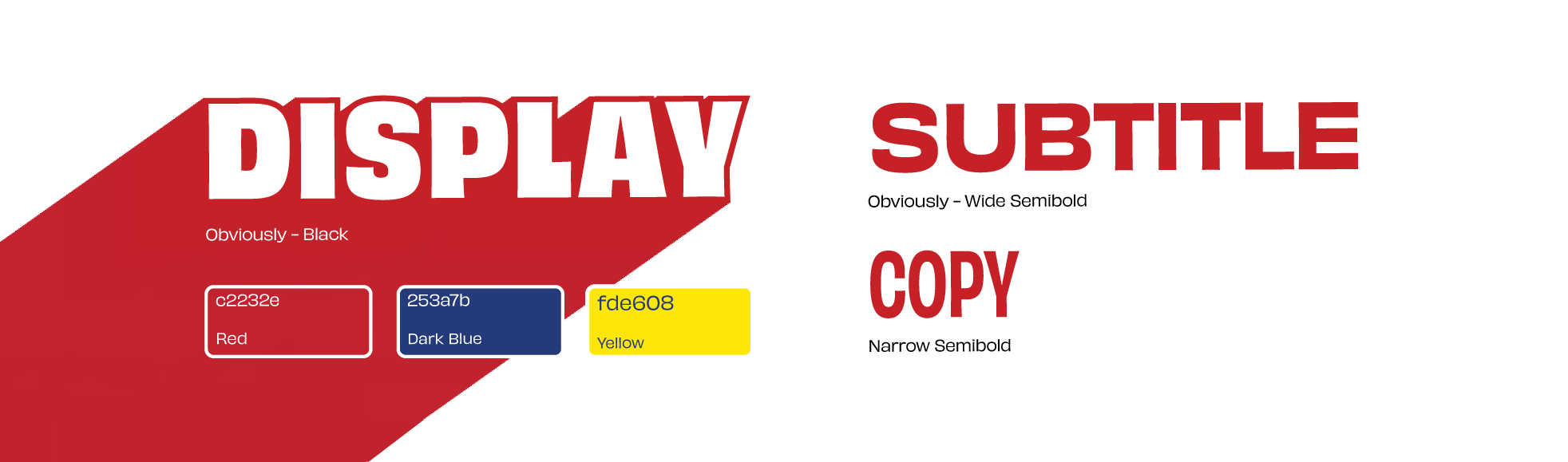 An infographic demonstrates color display and copy styles, showing color swatches for red, dark blue, and yellow with their hex codes, and text examples labeled 'DISPLAY', 'SUBTITLE', and 'COPY' with descriptions of their styles.