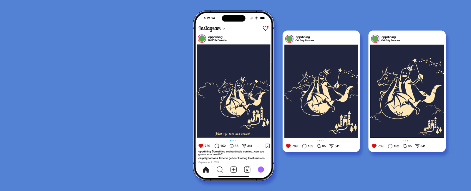 Digital illustration of a knight and a dragon flying against a dark night sky, with a castle below. The scene is displayed on a smartphone and two printed cards, all showing the same image.