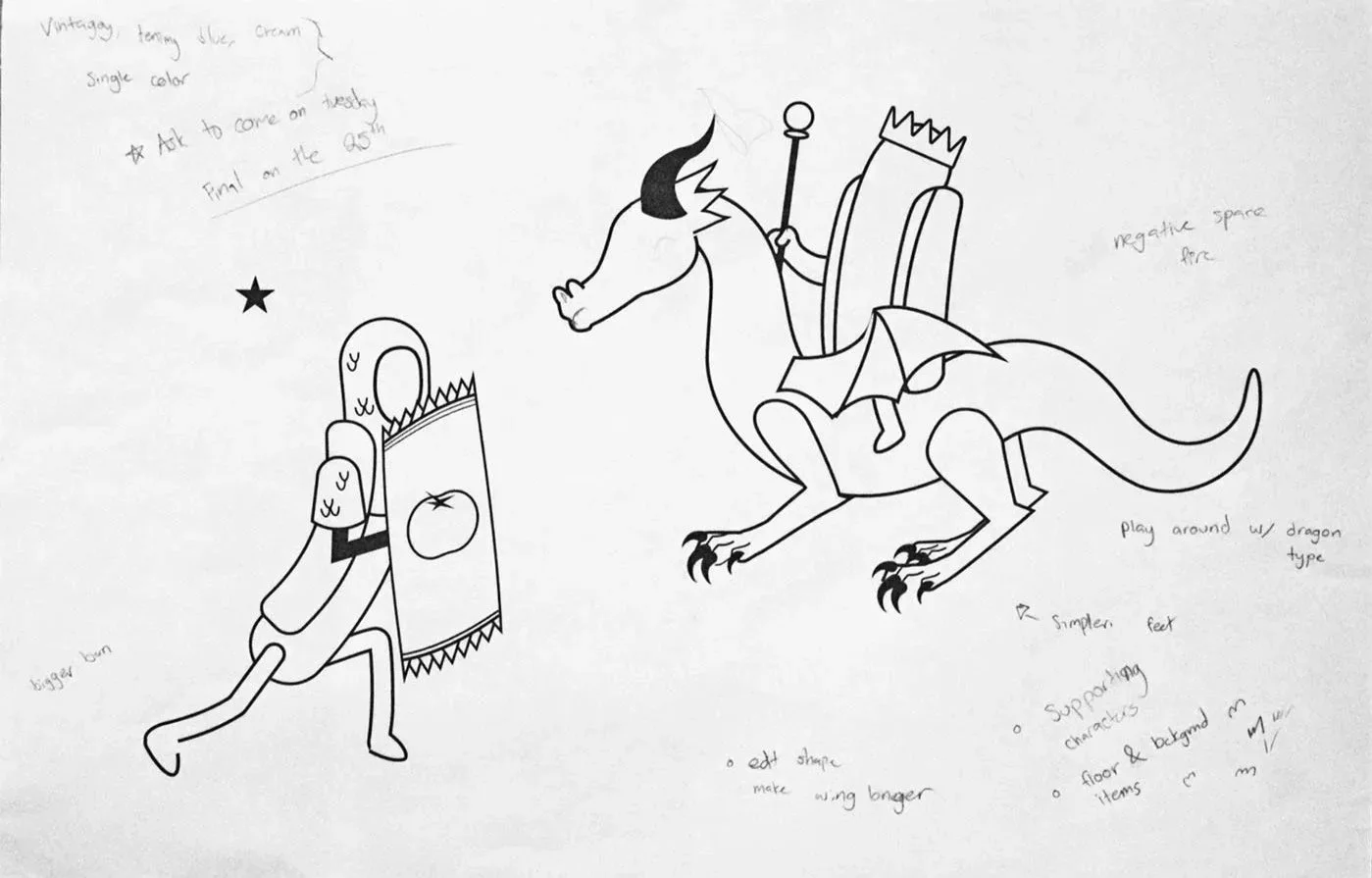 Sketch of a fantasy scene with a dragon and a knight. The dragon is riding a horse and has wings, a crown, and a spear. The knight is holding a shield and appears to be in motion. Several handwritten notes and annotations are present around the drawing, including tips for editing and designing the scene.