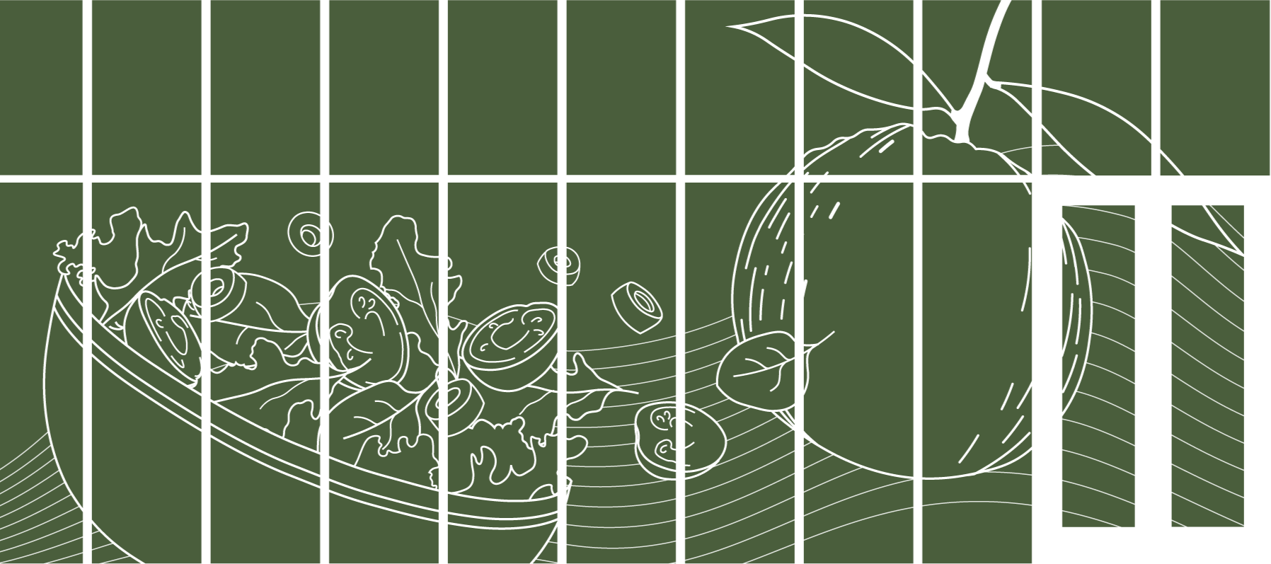 White line drawing of a bowl of salad with vegetables on a green background, displayed on a striped surface.
