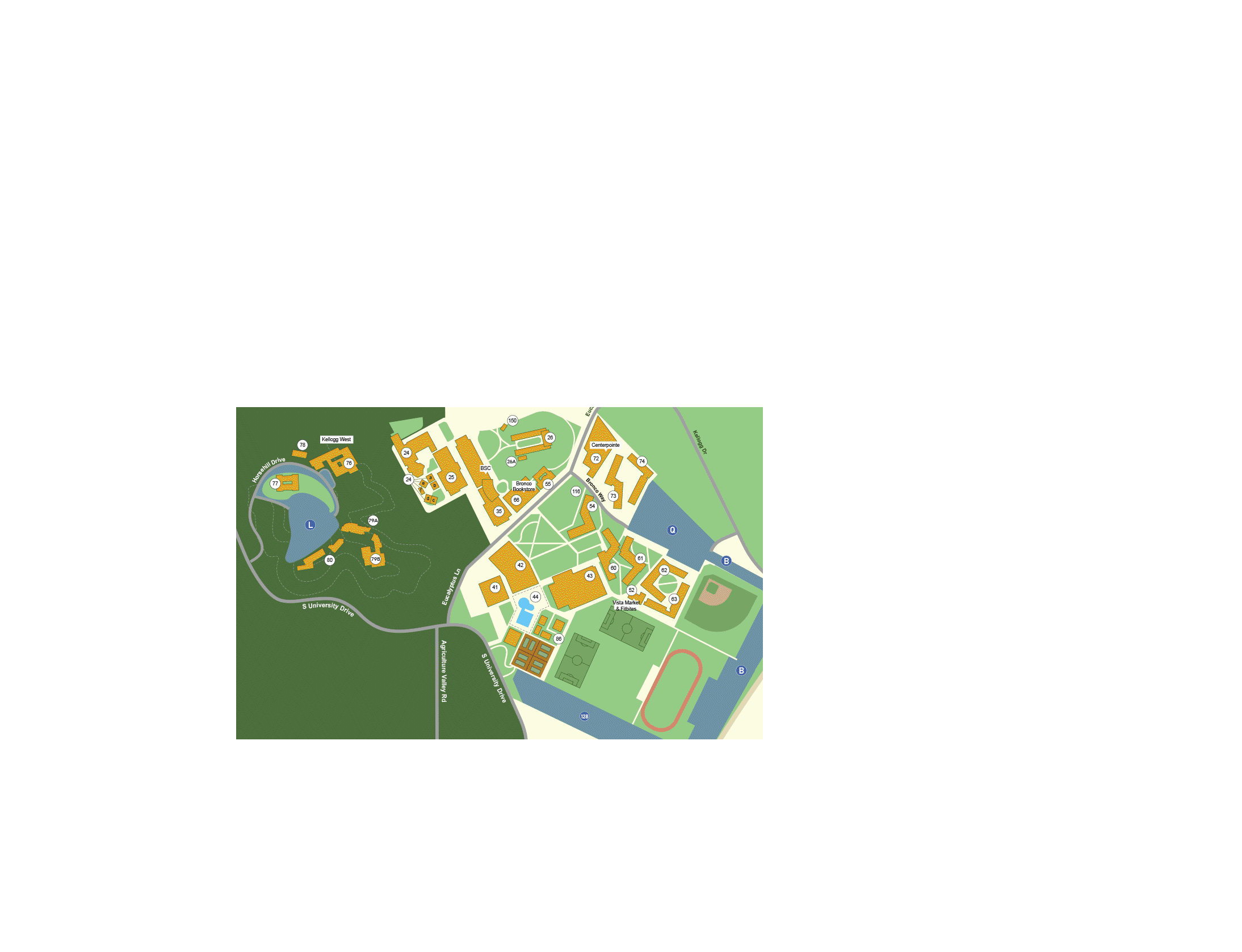 Map of a university campus showing various buildings, sports fields, parking areas, and green spaces.