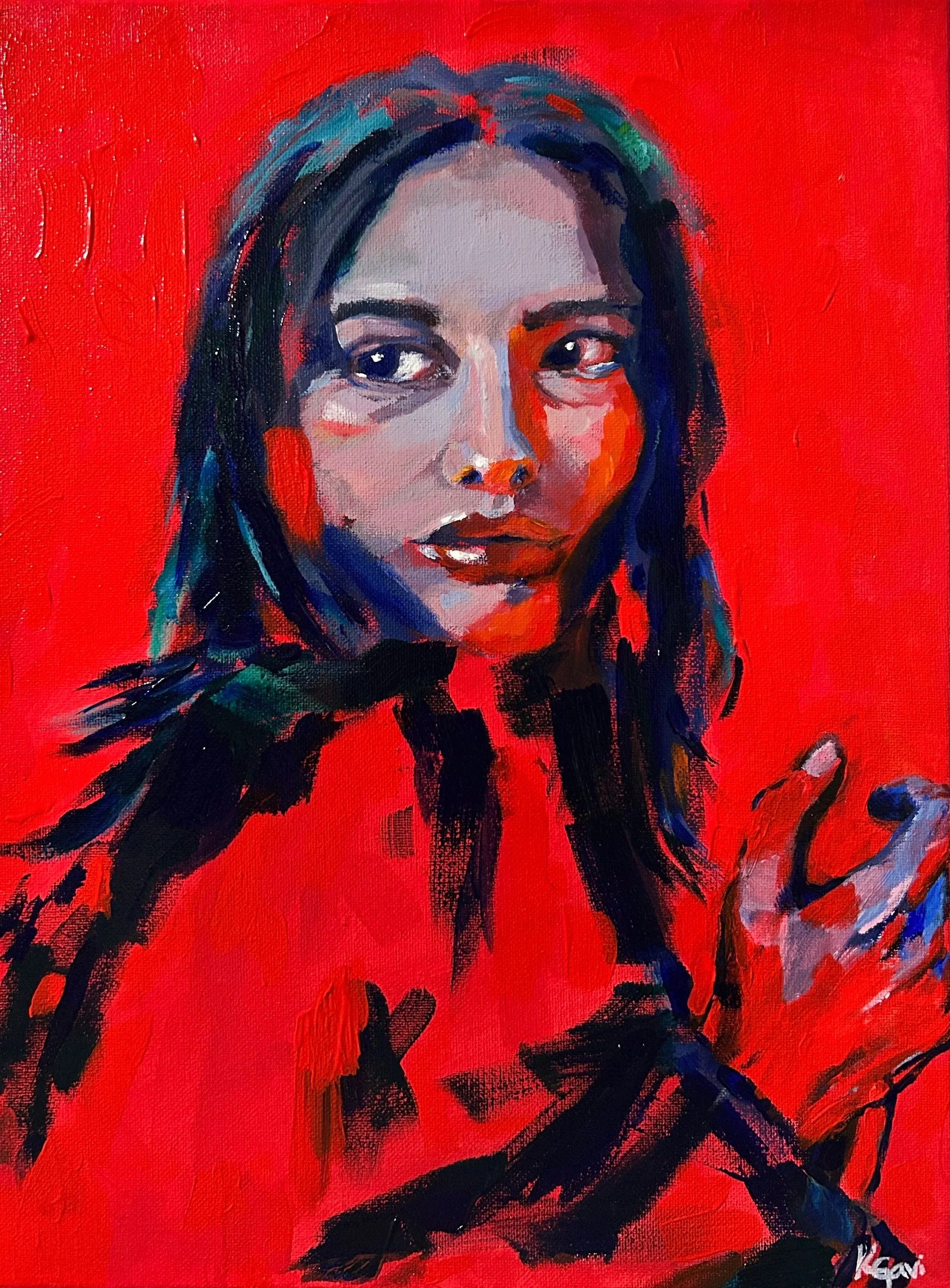 Red portrait painting for living room