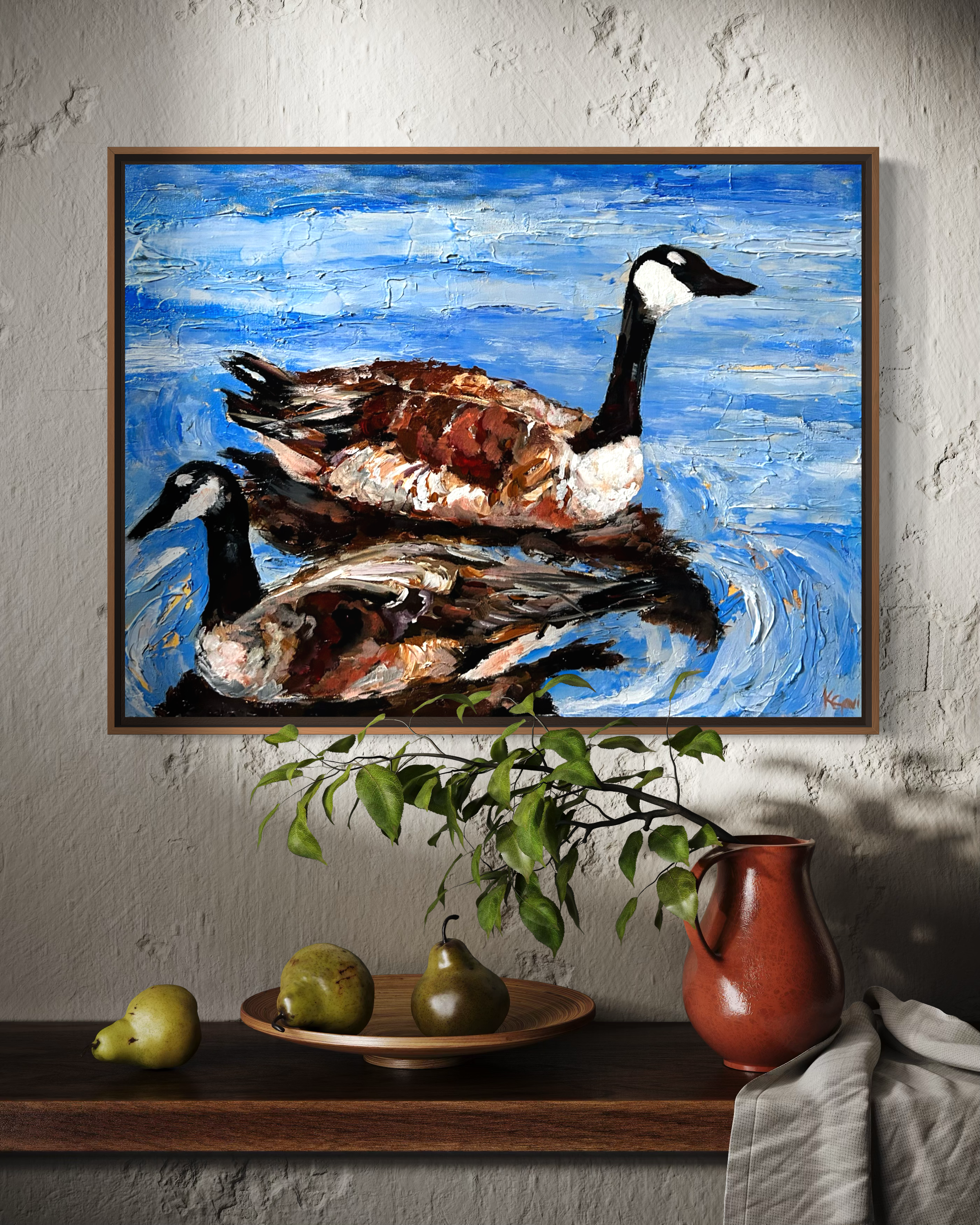 geese painting blue coastal artwork