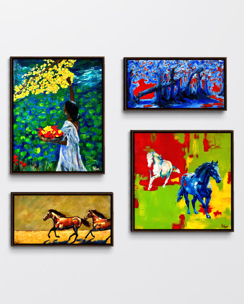Set of five colorful paintings, three featuring horses and two depicting trees, arranged on a white wall.