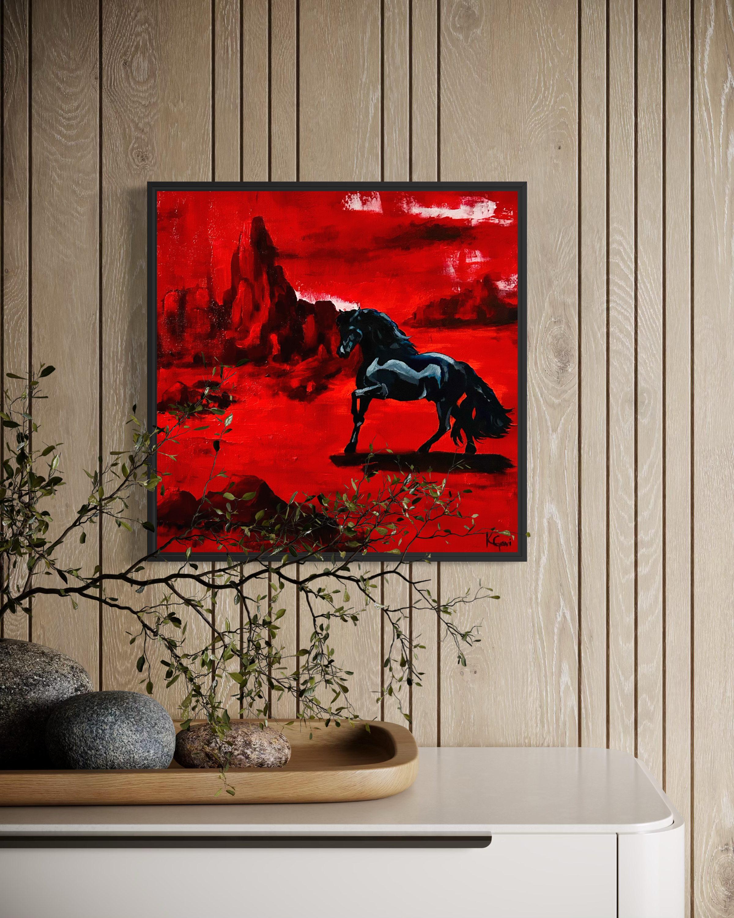 western painting black horse red background desert cowboy