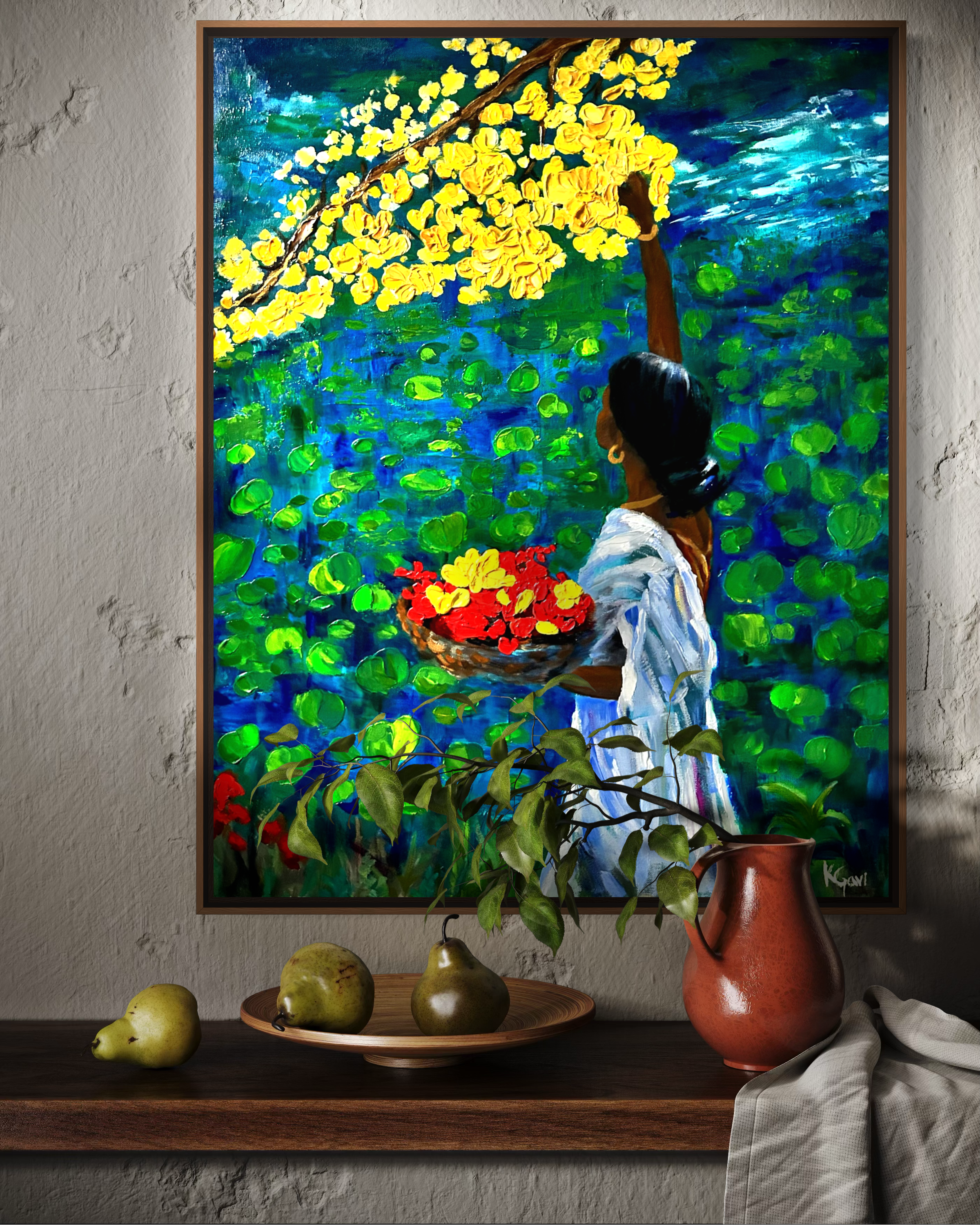 Indian girl picking flowers by a pond painting artwork
