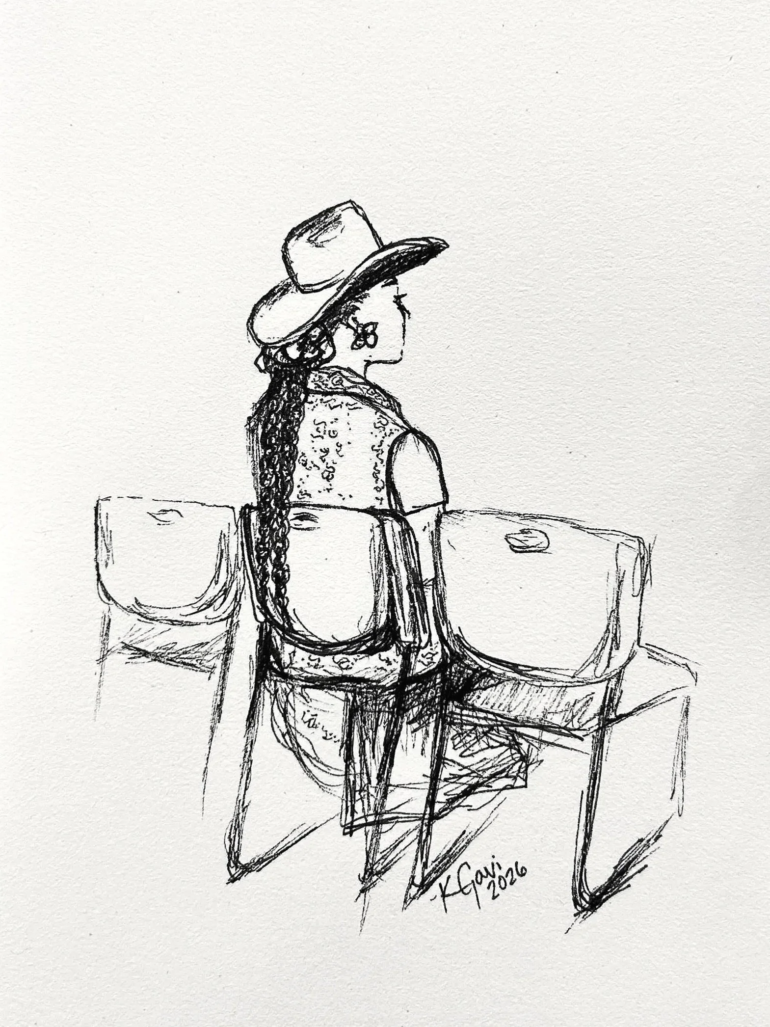 black and white drawing cowgirl