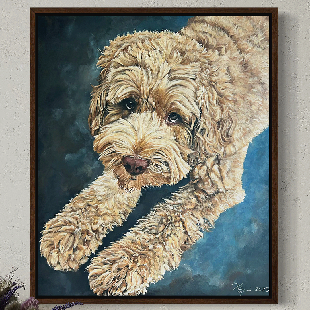 A detailed painting of a fluffy, light-colored dog lying on a dark and blue background, with expressive eyes and a paw stretched forward.