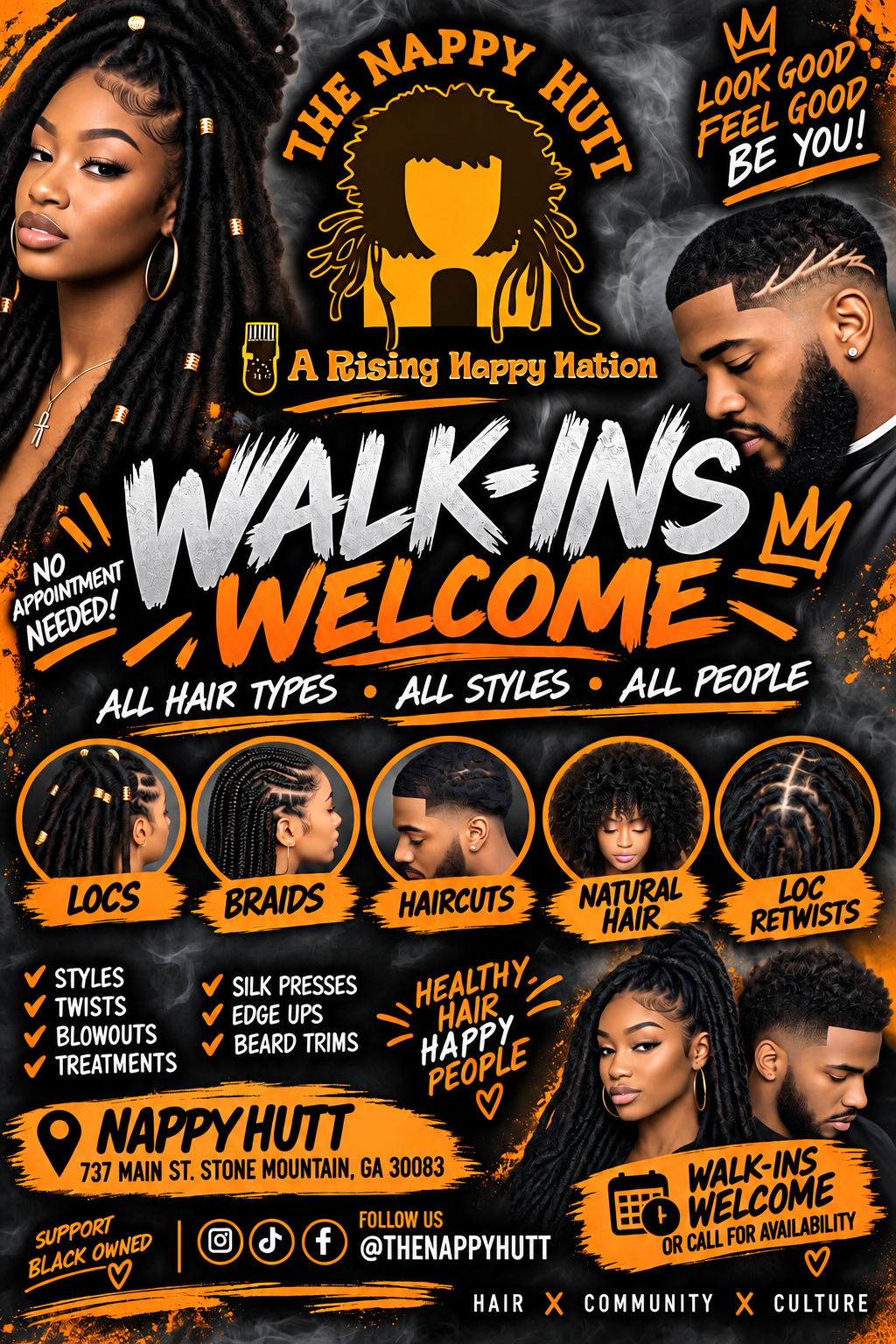 The Nappy Hutt Stone Mountain GA - Walk-Ins Welcome for all hair types. Locs, braids, haircuts, natural hair, retwists, styles, twists, silk presses, blowouts, and treatments.