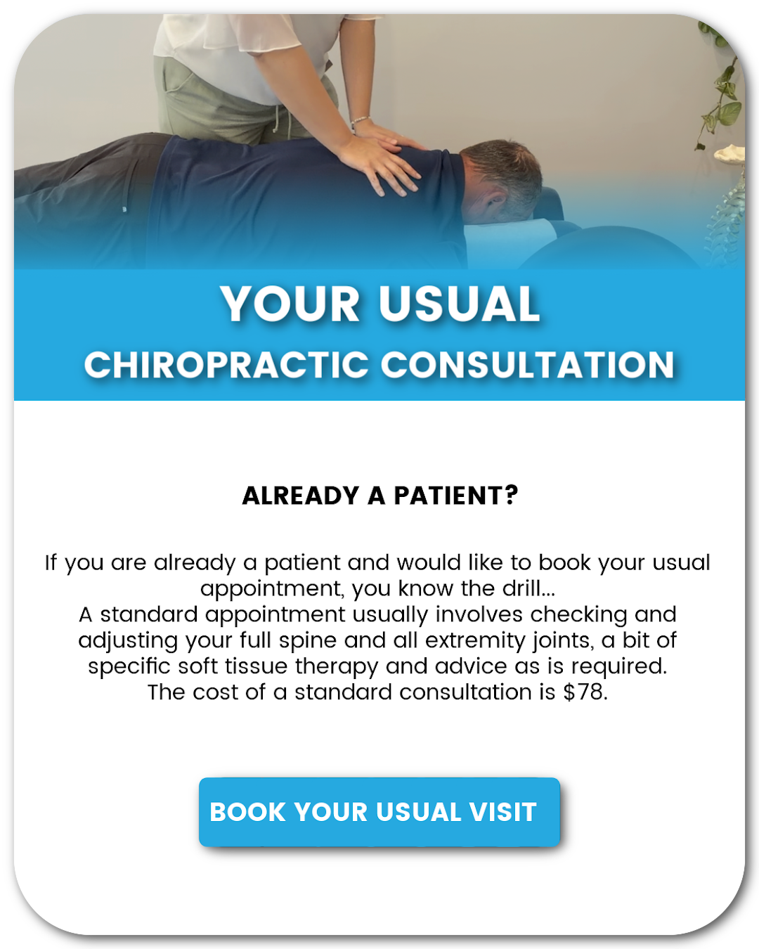 A chiropractic consultation advertisement showing a person lying face down while a chiropractor works on their back, with text promoting booking an appointment.