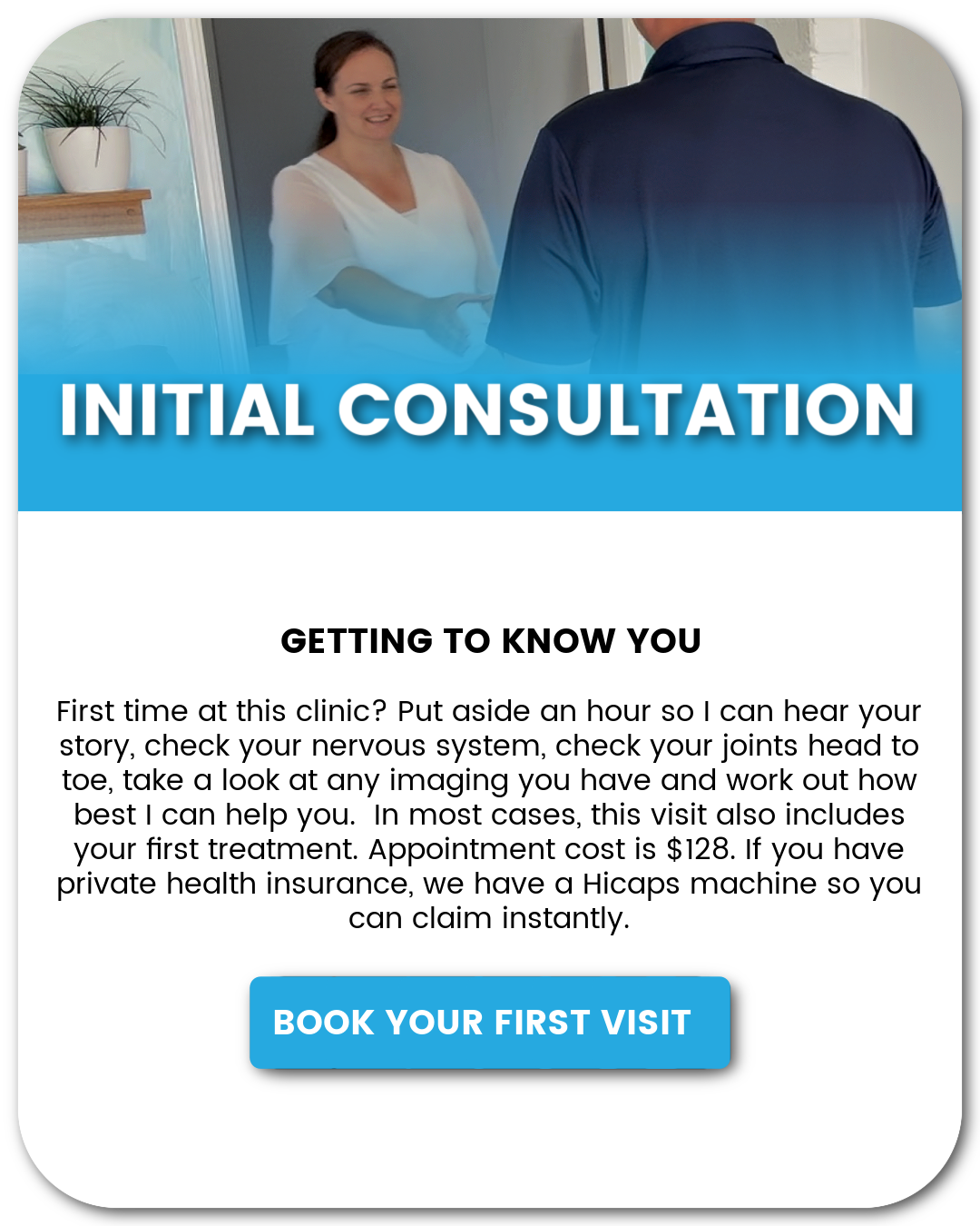 A woman is shaking hands with a man in a navy shirt outside a clinic while smiling, with a potted plant on a shelf nearby. The overlay text reads 'Initial Consultation' with a subtitle 'Getting to Know You' and details about booking a first visit at a healthcare clinic.