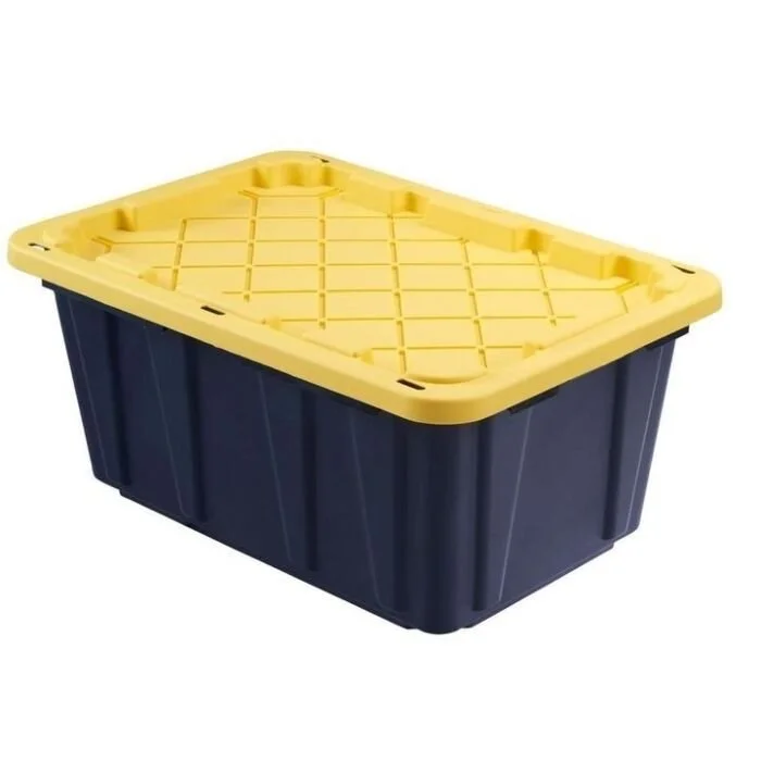 Plastic storage bin with a yellow lid and a dark blue body.