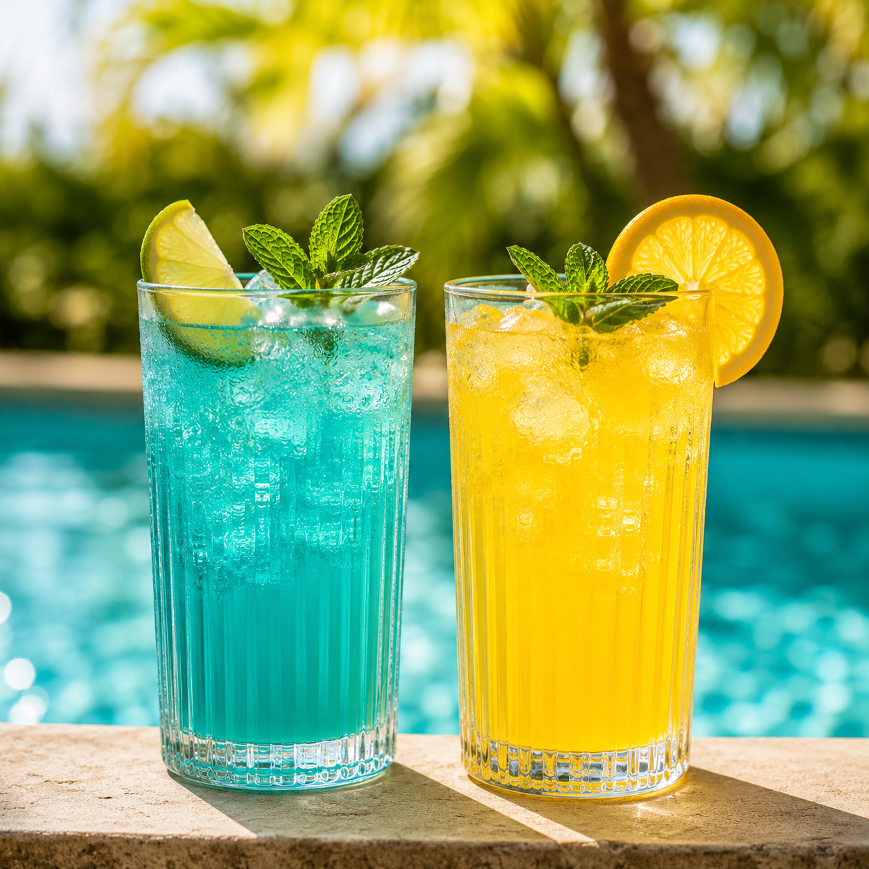 Dos vasos altos de jugo, uno azul y uno amarillo, decorados con rodajas de limón y hojas de menta, sobre una superficie junto a una piscina.